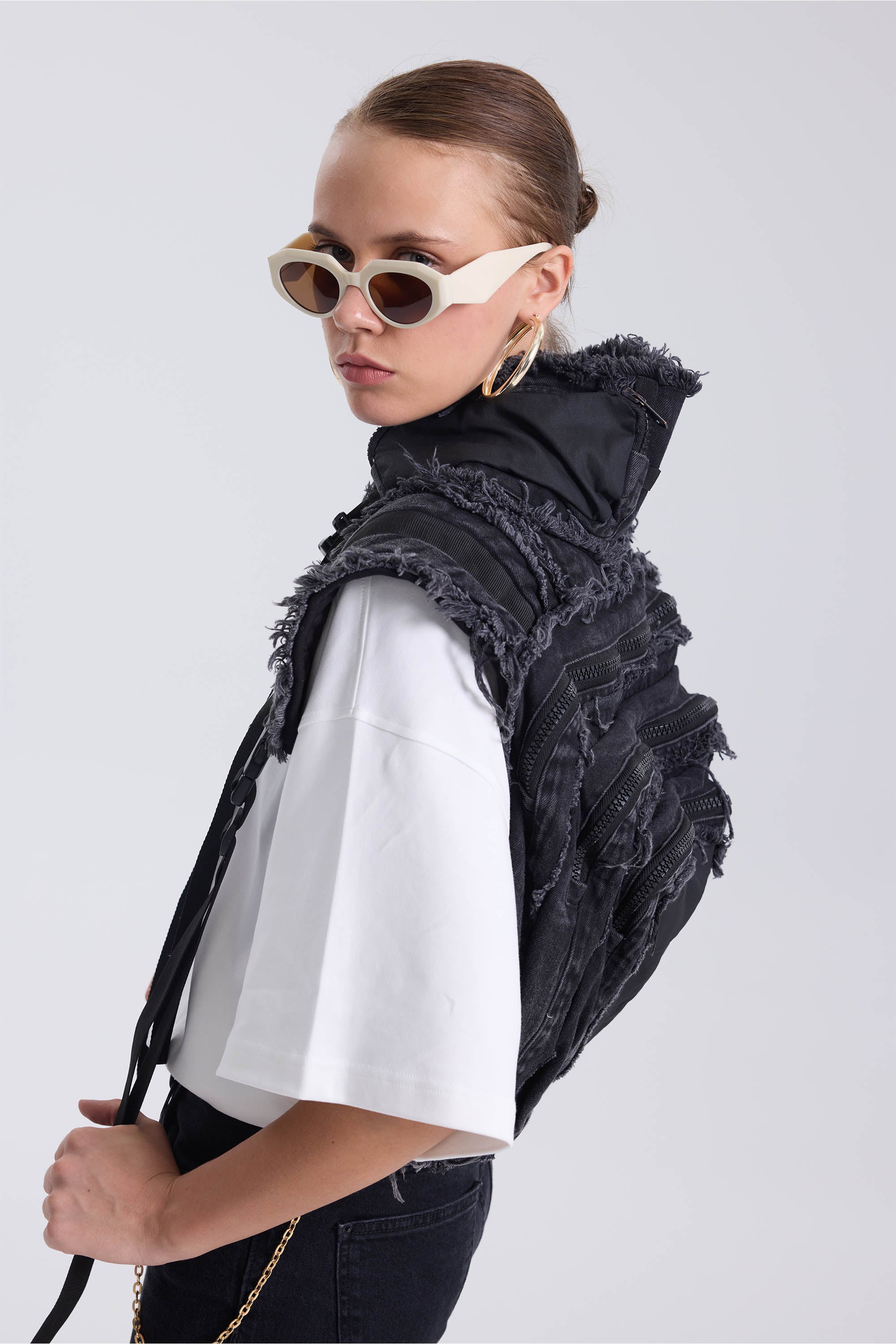 Denim Vest with Integrated Backpack