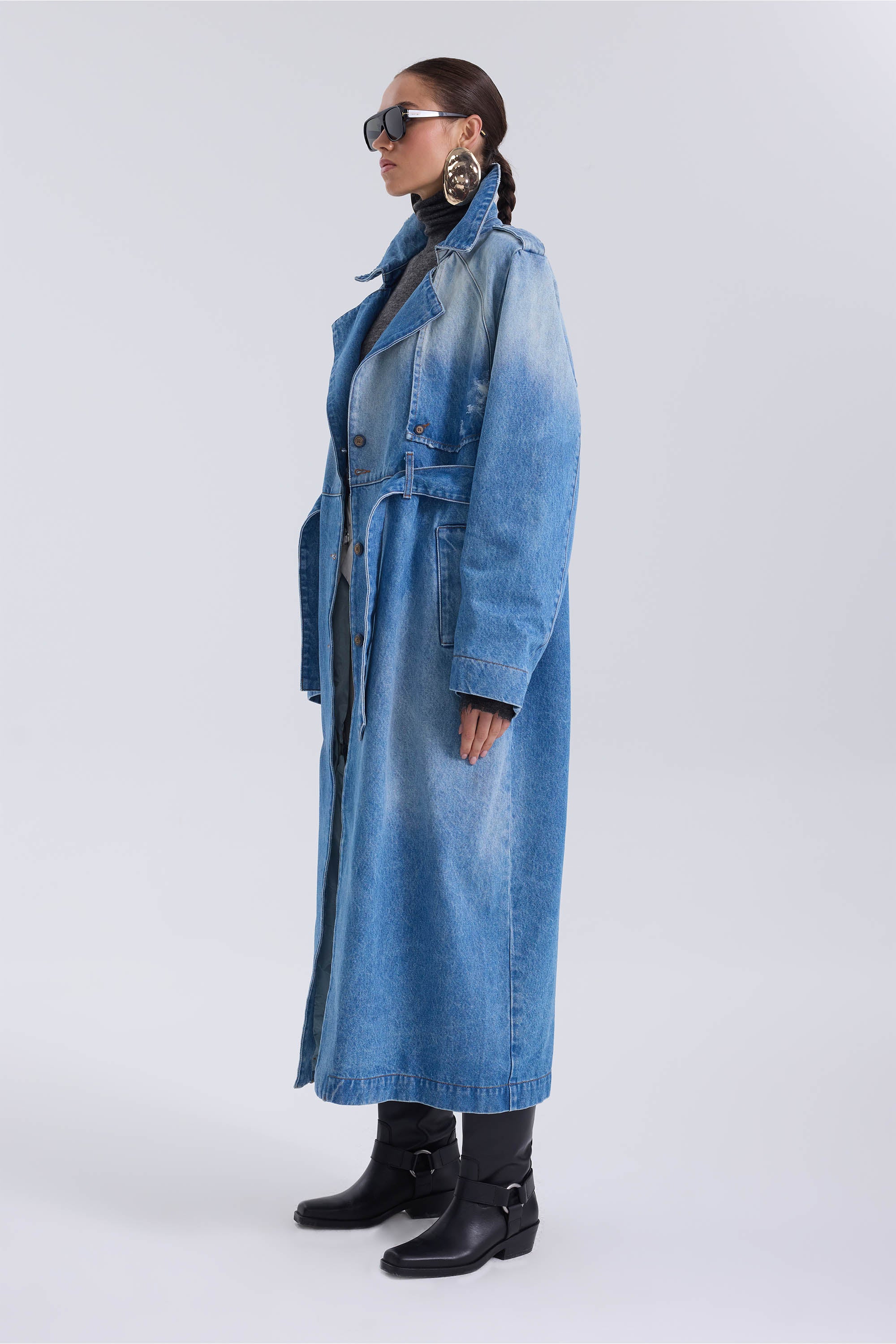 Oversized Denim Trench Coat - Vintage Washed