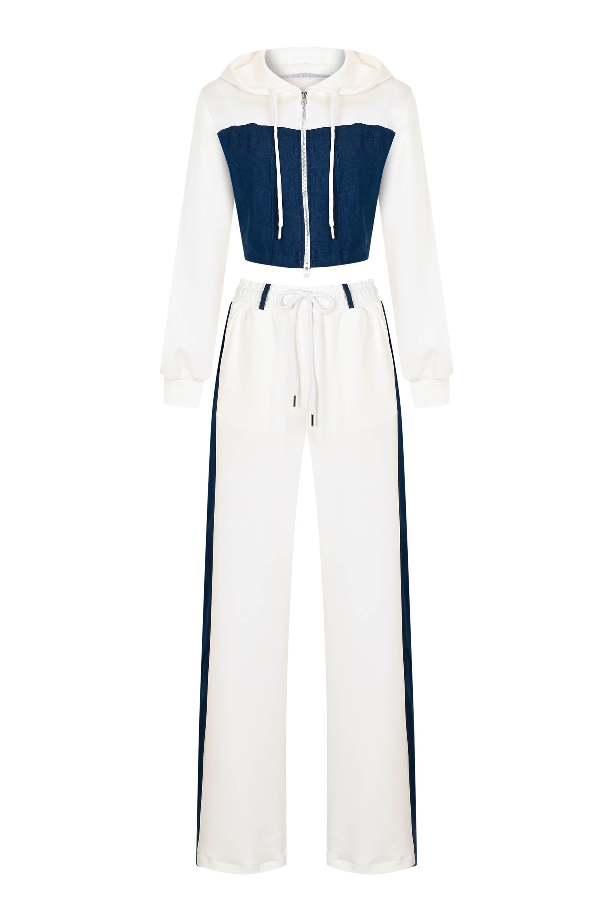 Denim Detail Cotton Tracksuit Set with Two Way Zipper – White