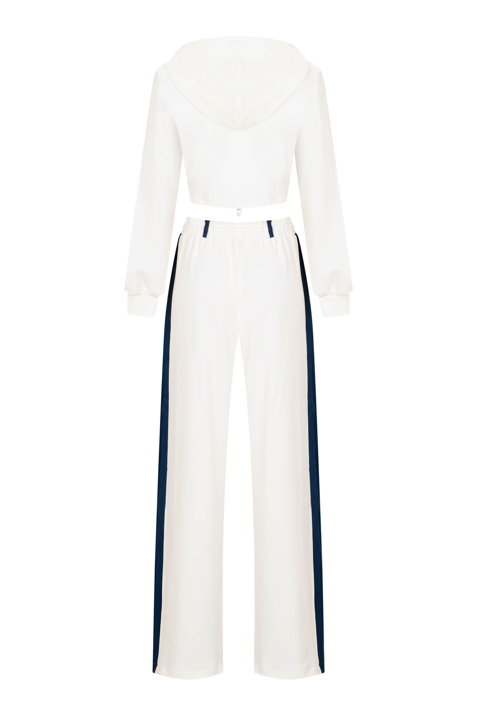 Denim Detail Cotton Tracksuit Set with Two Way Zipper – White