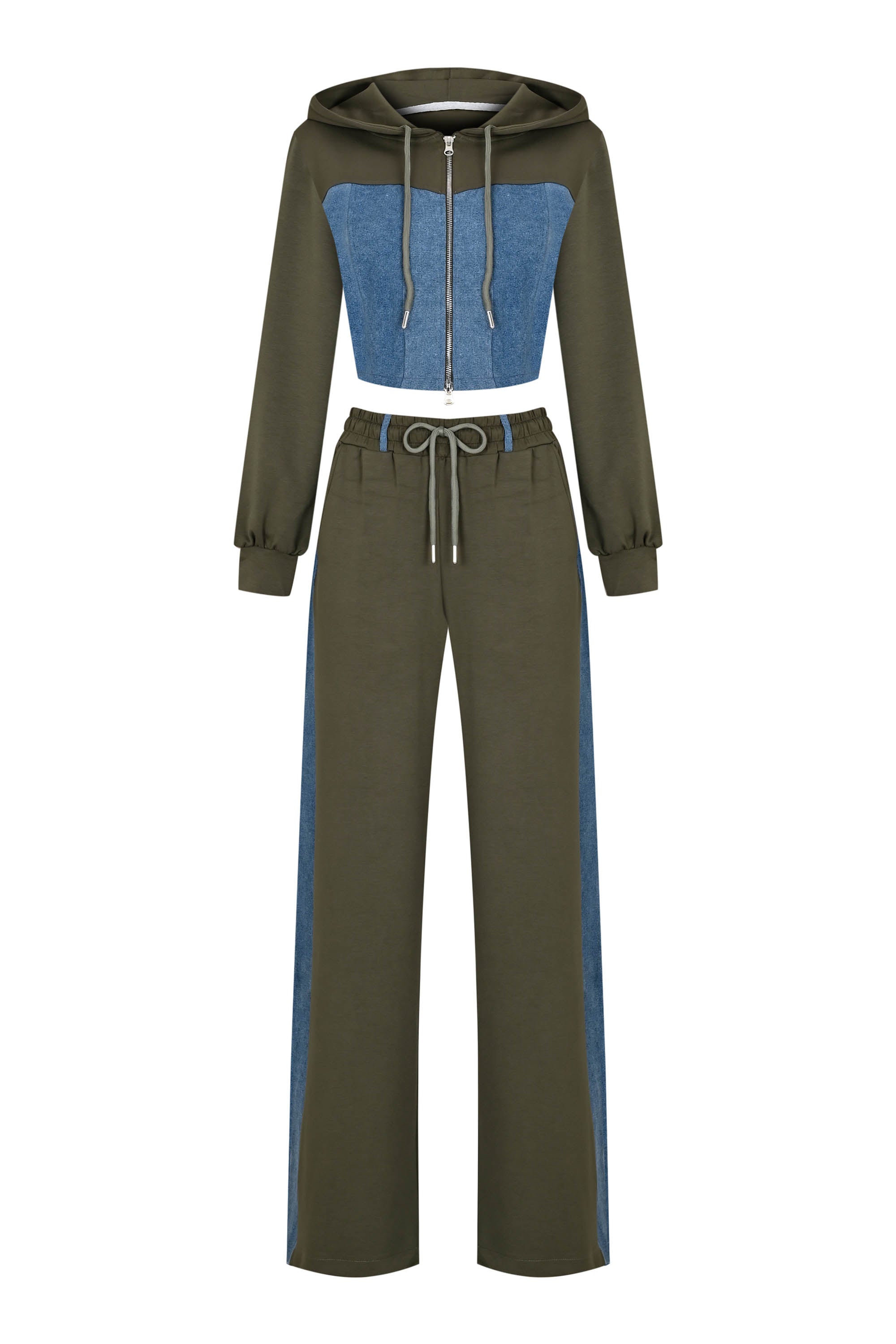 Denim Detail Cotton Tracksuit Set with Two-Way Zipper –  Olive