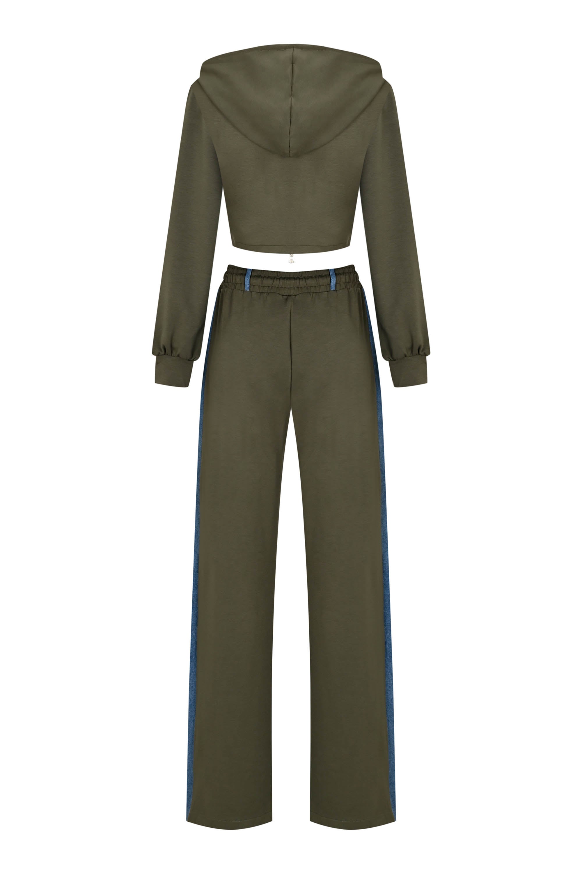 Denim Detail Cotton Tracksuit Set with Two-Way Zipper –  Olive