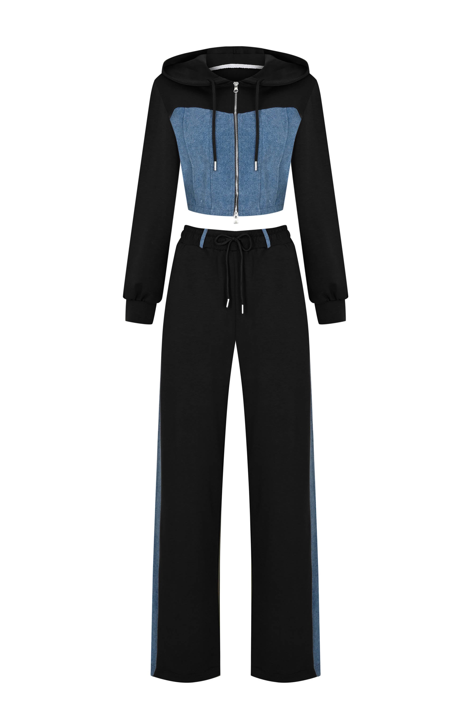 Denim Detail Cotton Tracksuit Set with Two-Way Zipper –  Black