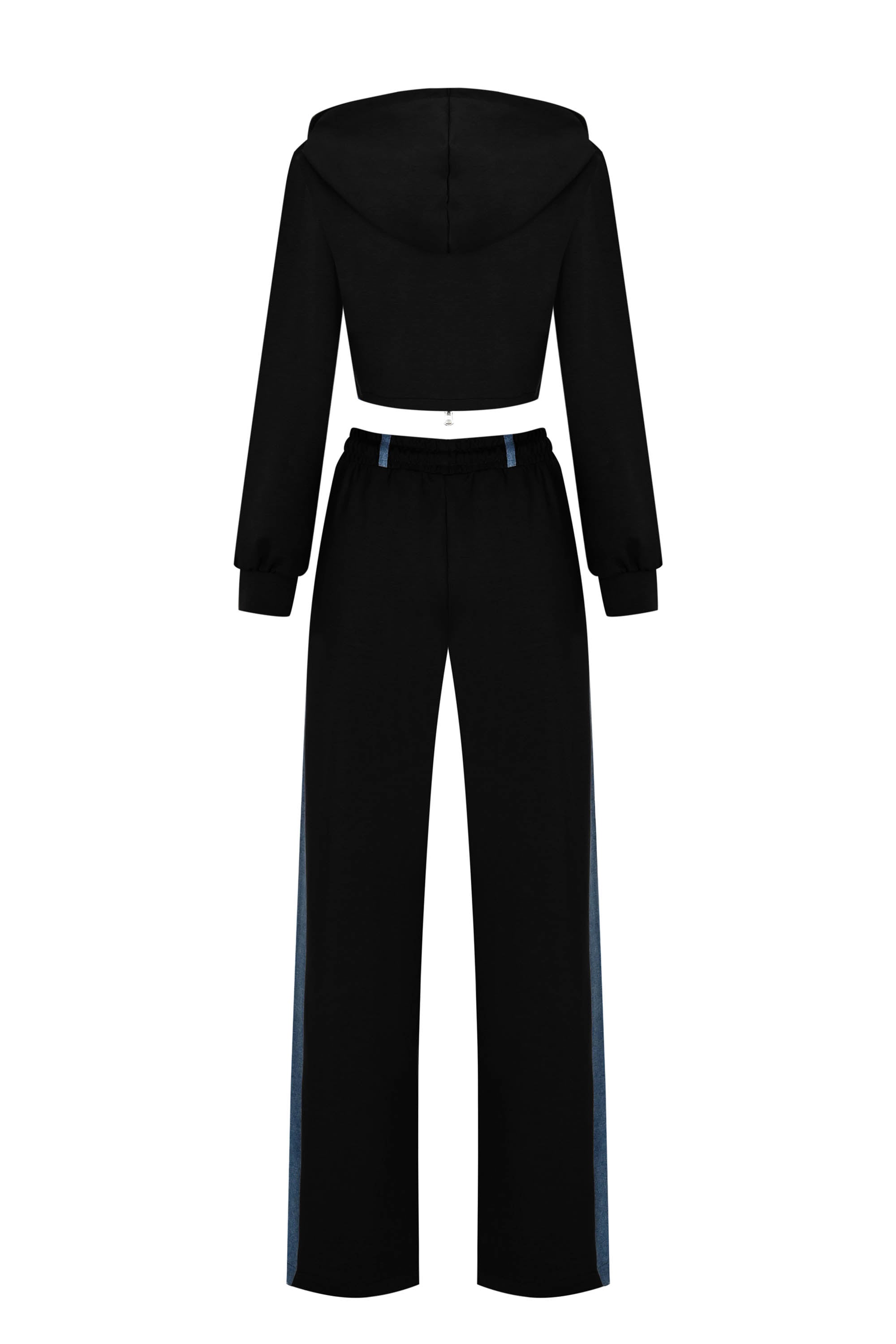 Denim Detail Cotton Tracksuit Set with Two-Way Zipper –  Black