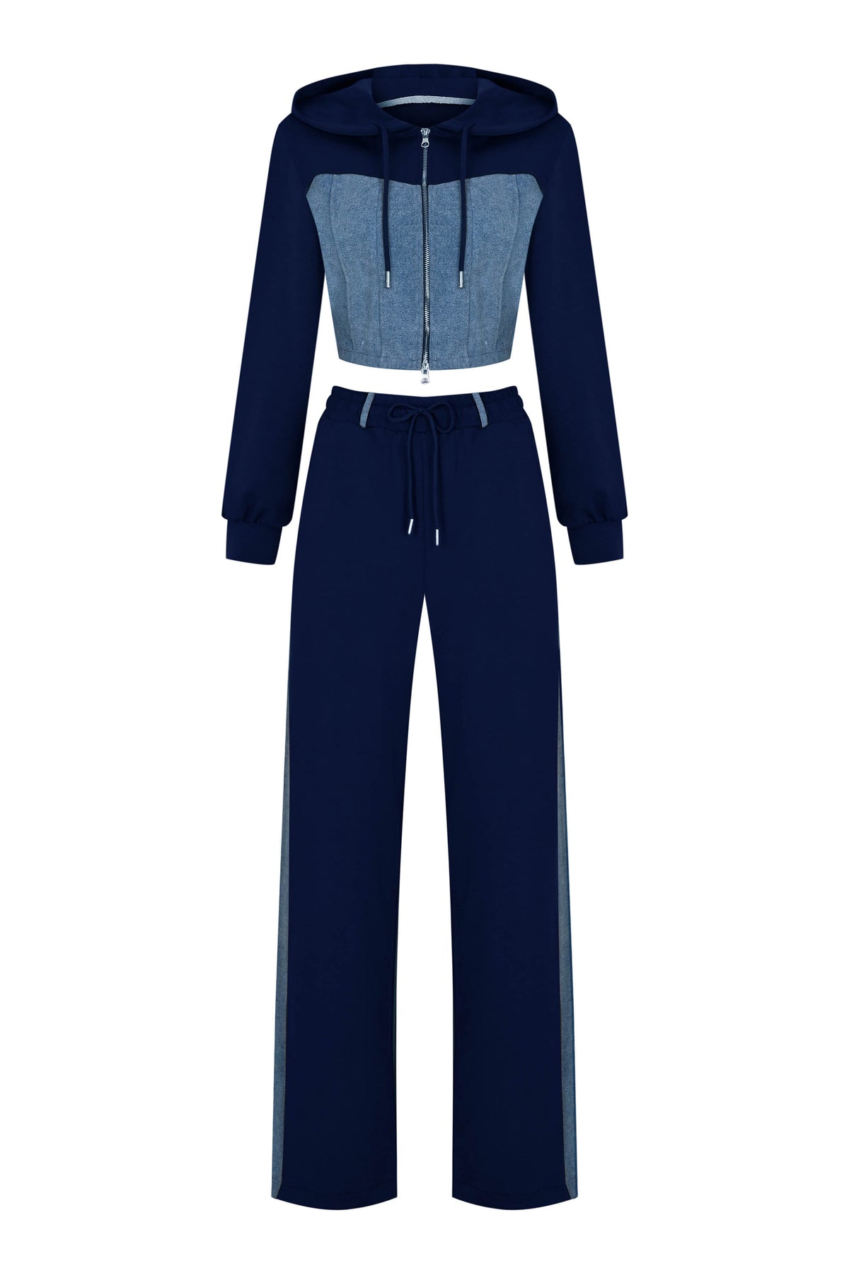 Denim Detail Cotton Tracksuit Set with Two Way Zipper –  Blue