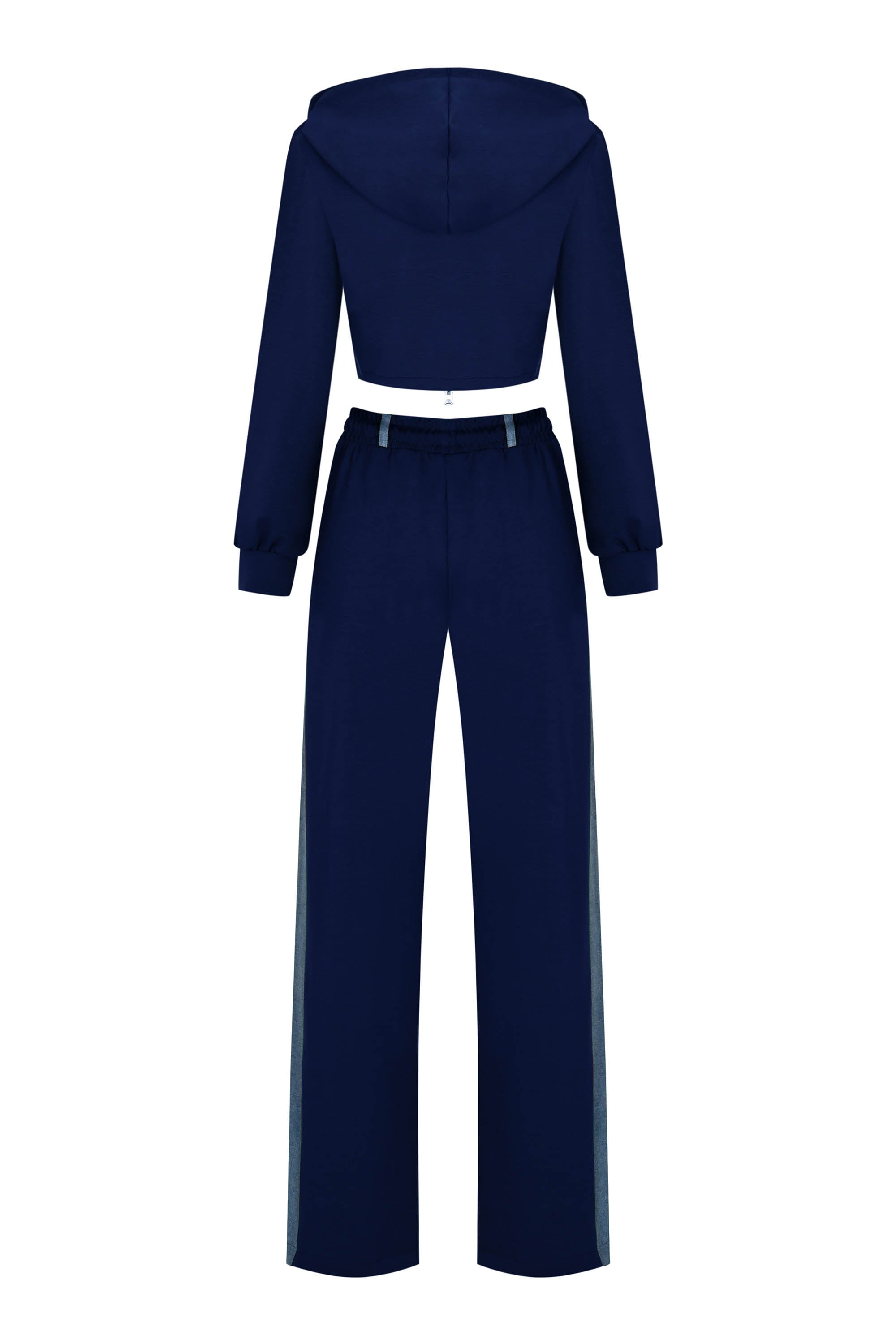 Denim Detail Cotton Tracksuit Set with Two-Way Zipper –  Blue