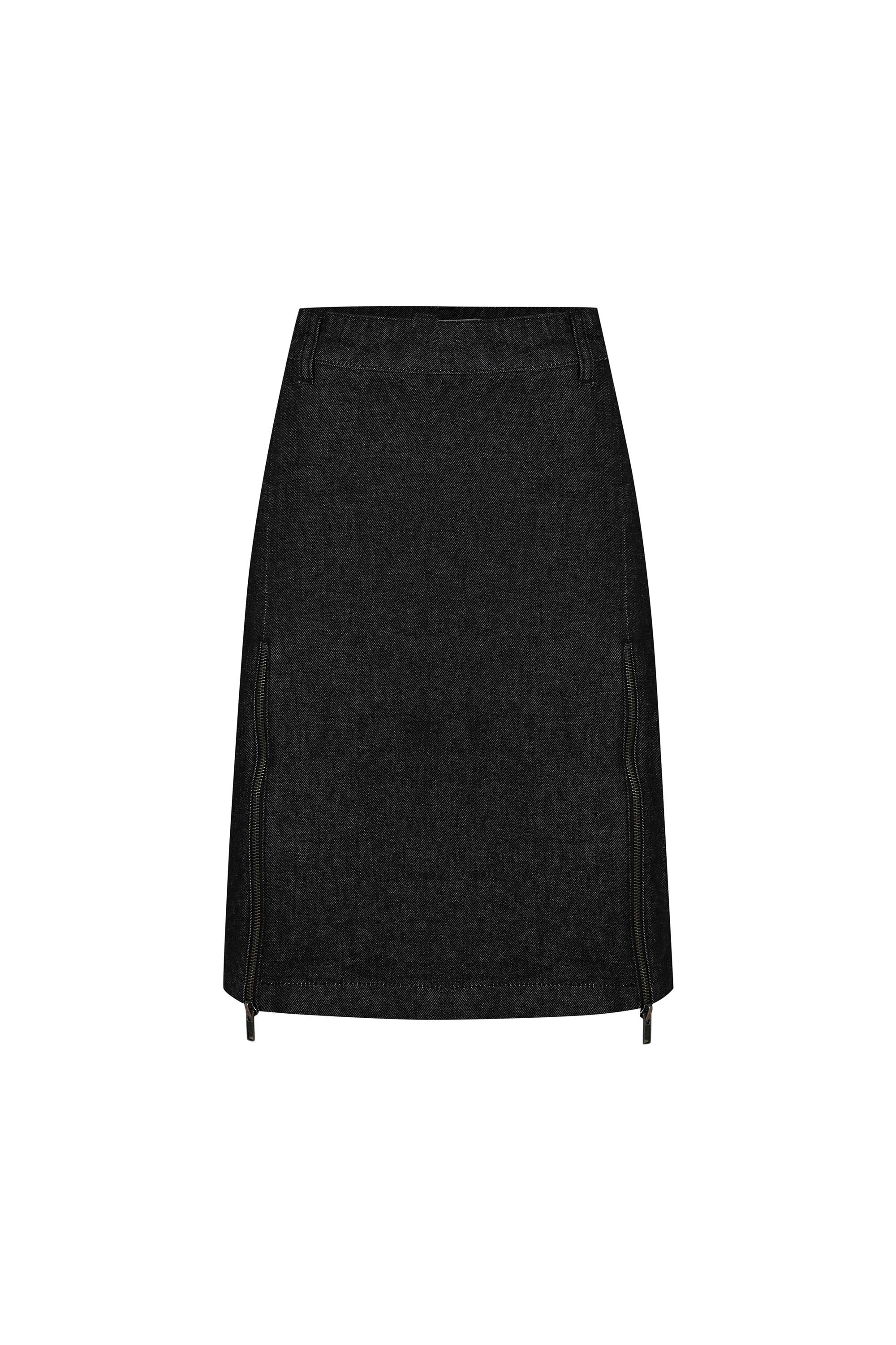 Denim Pencil Skirt with Front Slit - Black