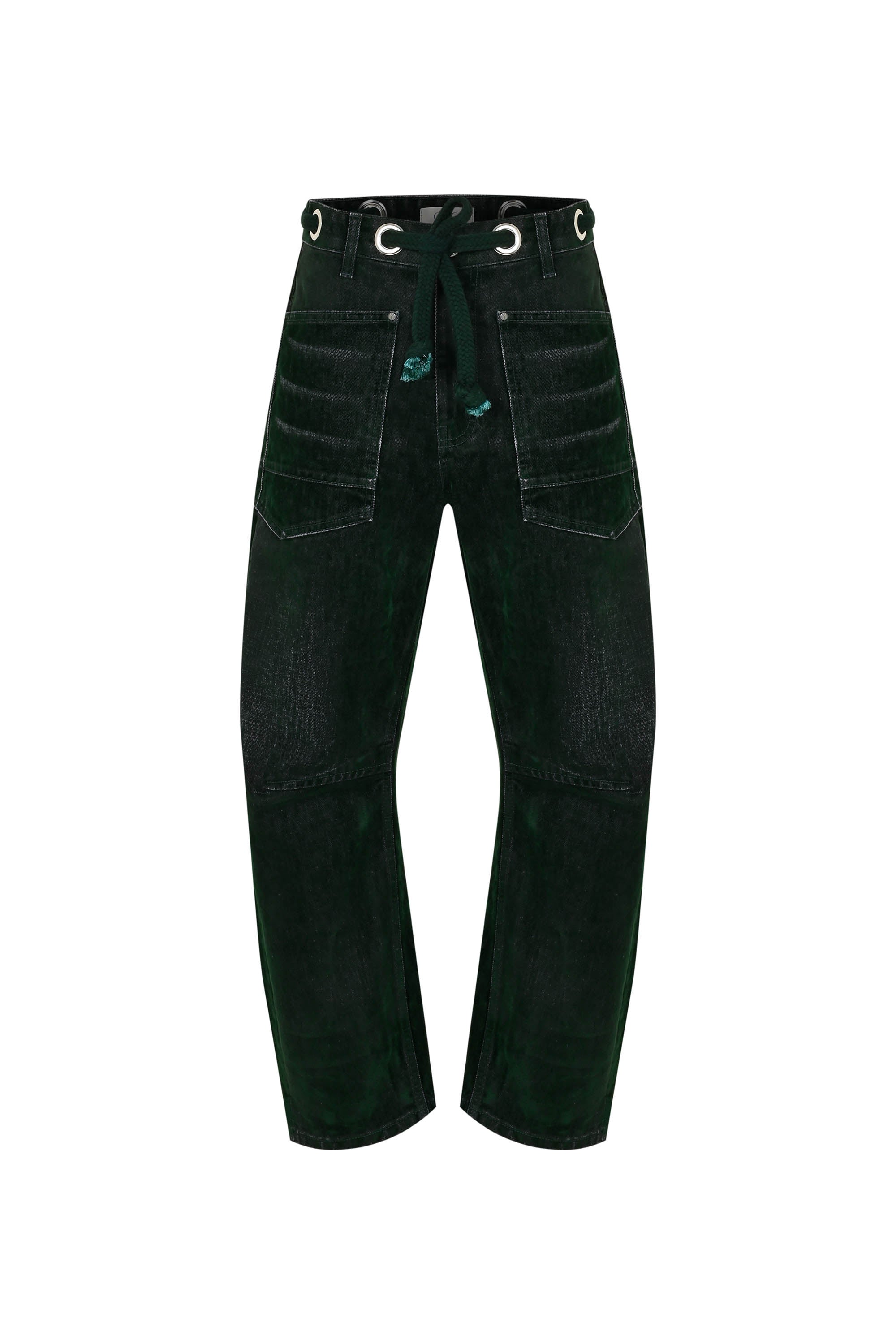 Flocked Pull-On Barrel Jeans – Green