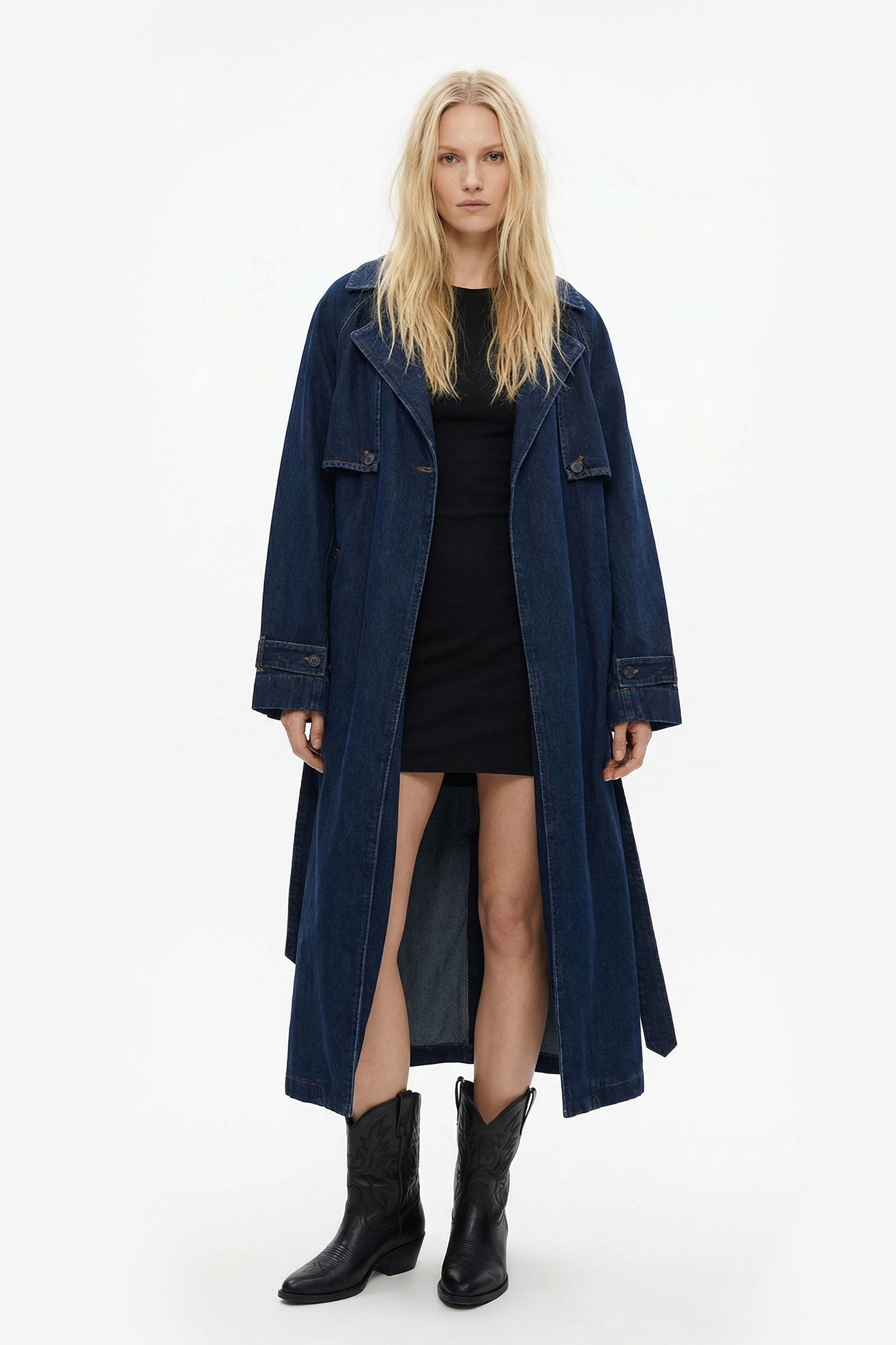Oversized Denim Trench Coat - Indigo Wash