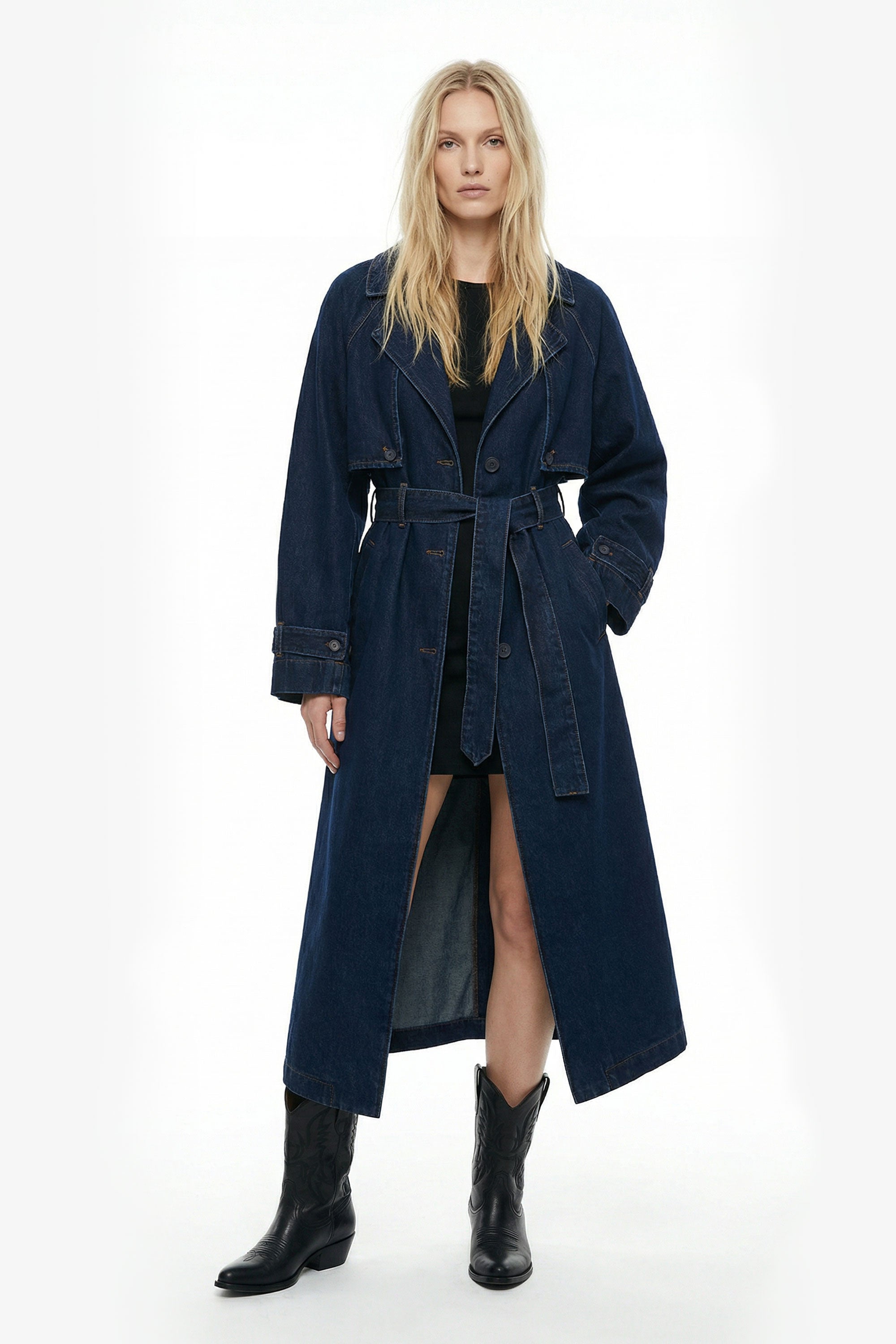 Oversized Denim Trench Coat - Indigo Wash