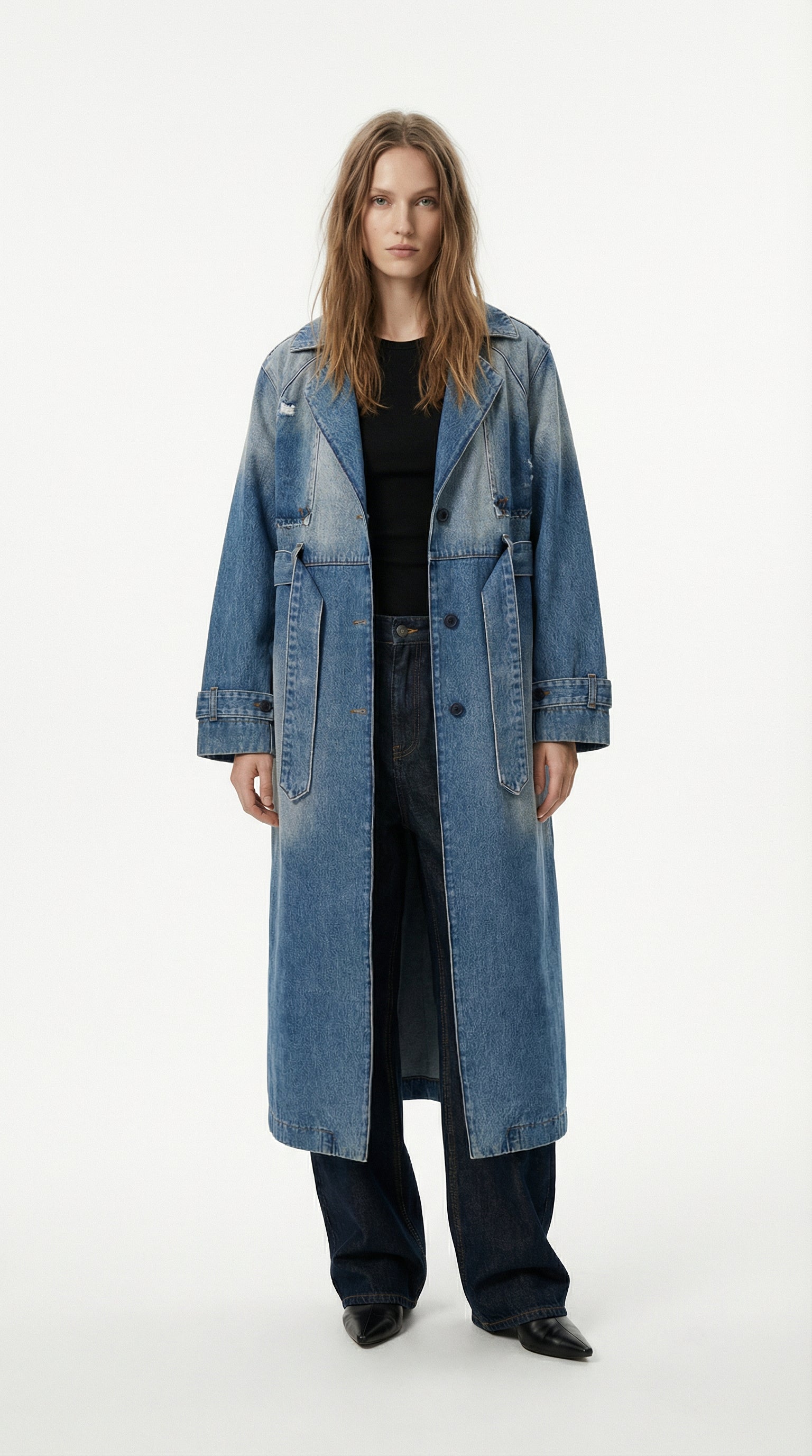 Oversized Denim Trench Coat - Vintage Washed
