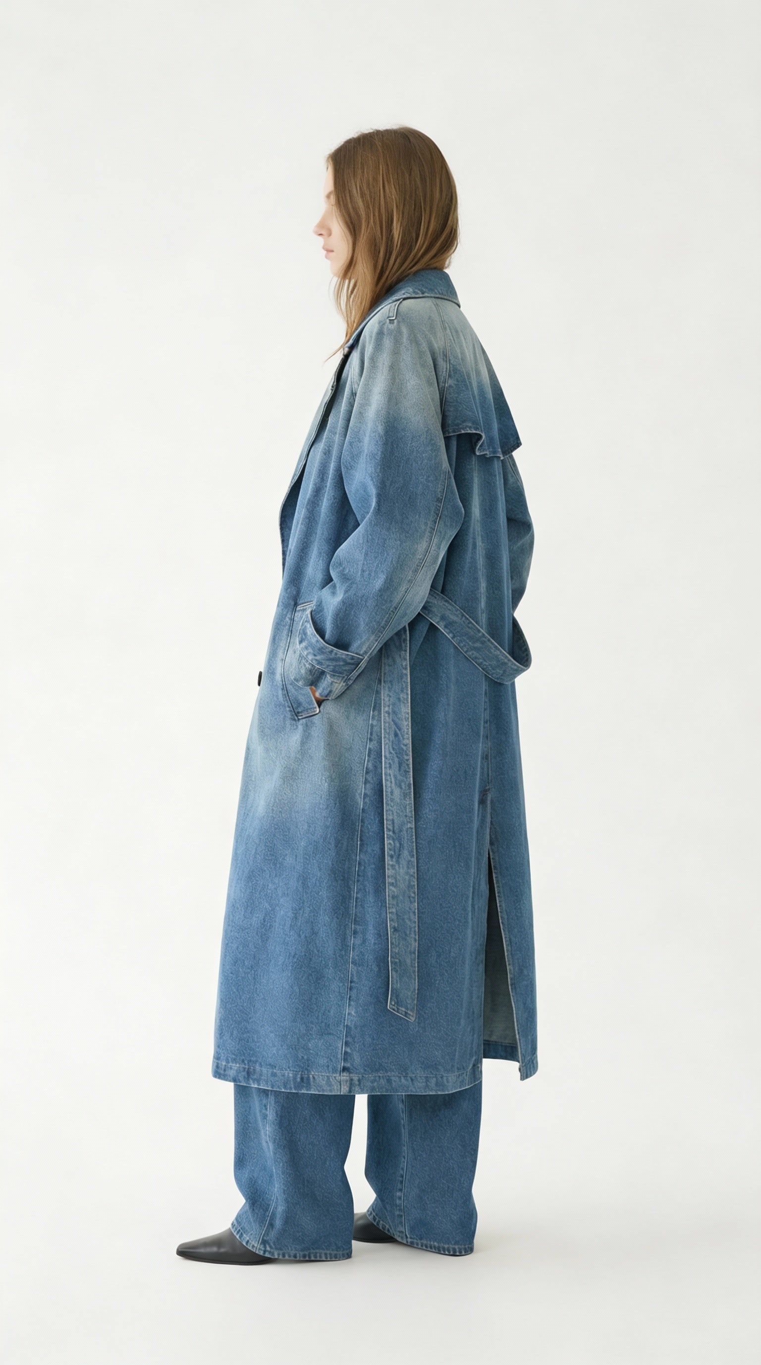 Oversized Denim Trench Coat - Vintage Washed