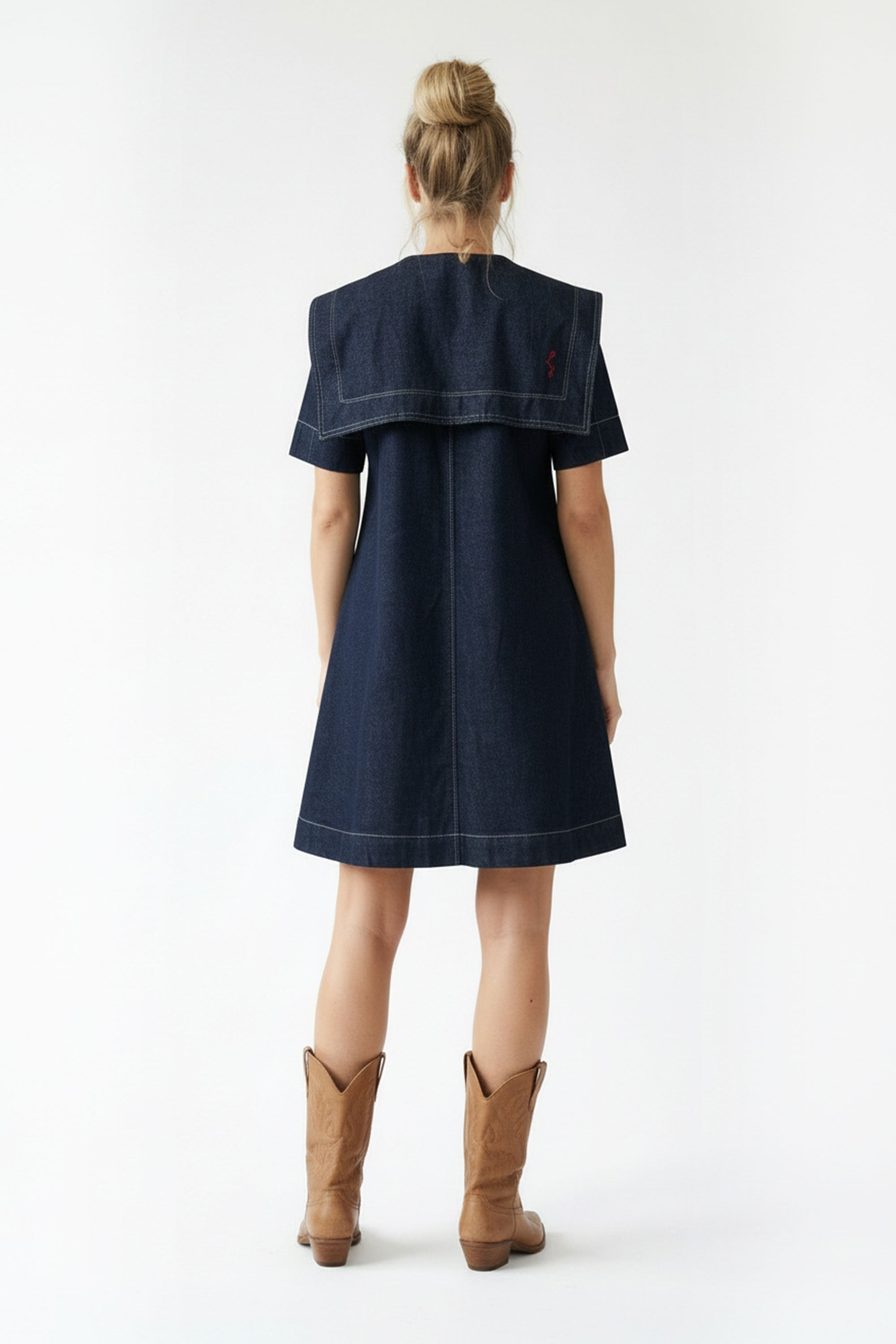 Denim Mini Dress with Oversized Collar