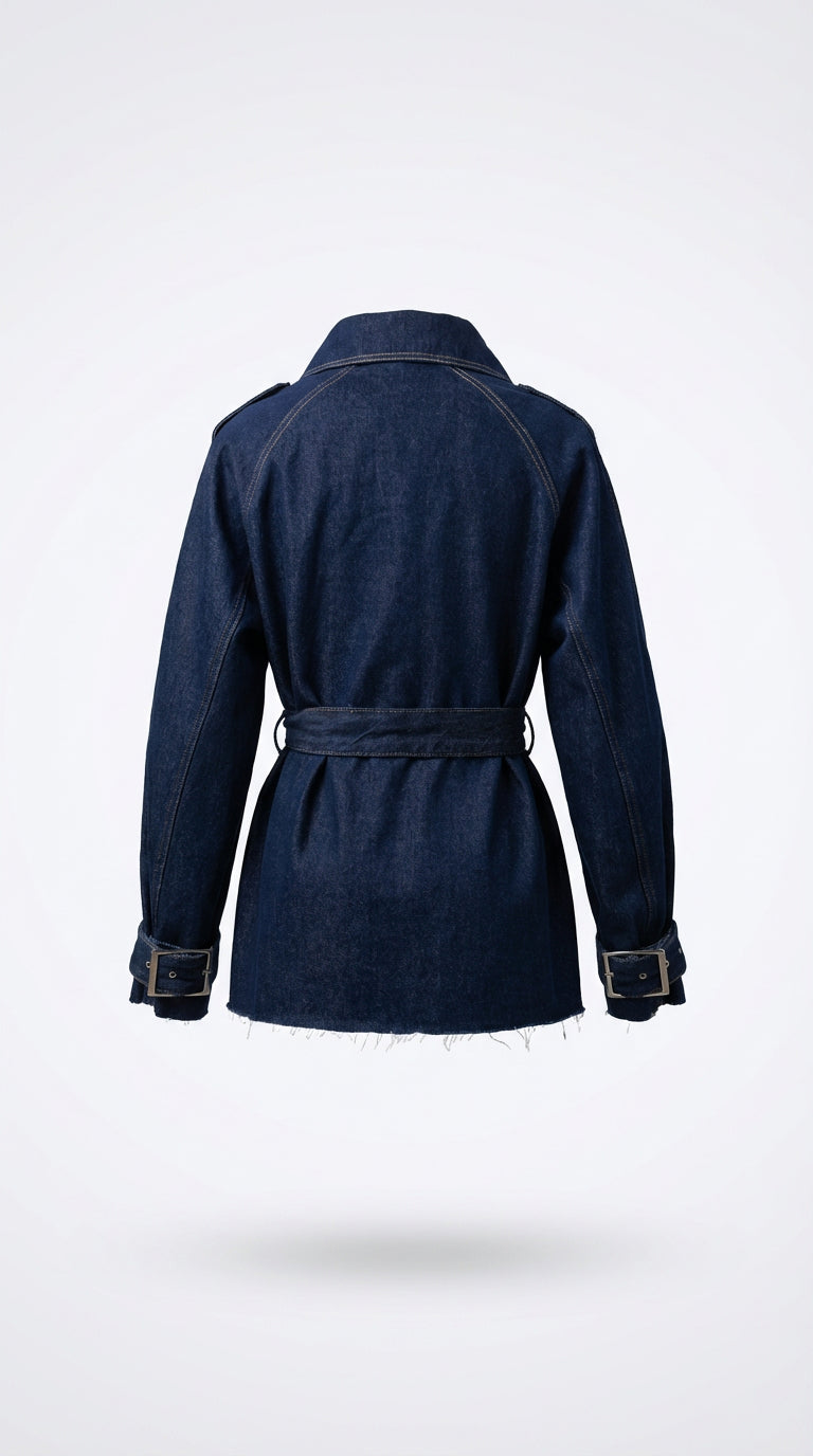Denim Belted Short Trench Jacket - Indigo