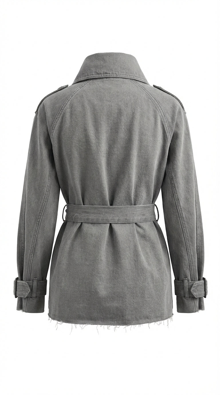 Denim Belted Short Trench Jacket - Gray