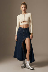 Denim Maxi Skirt with High Slit - Dark Indigo