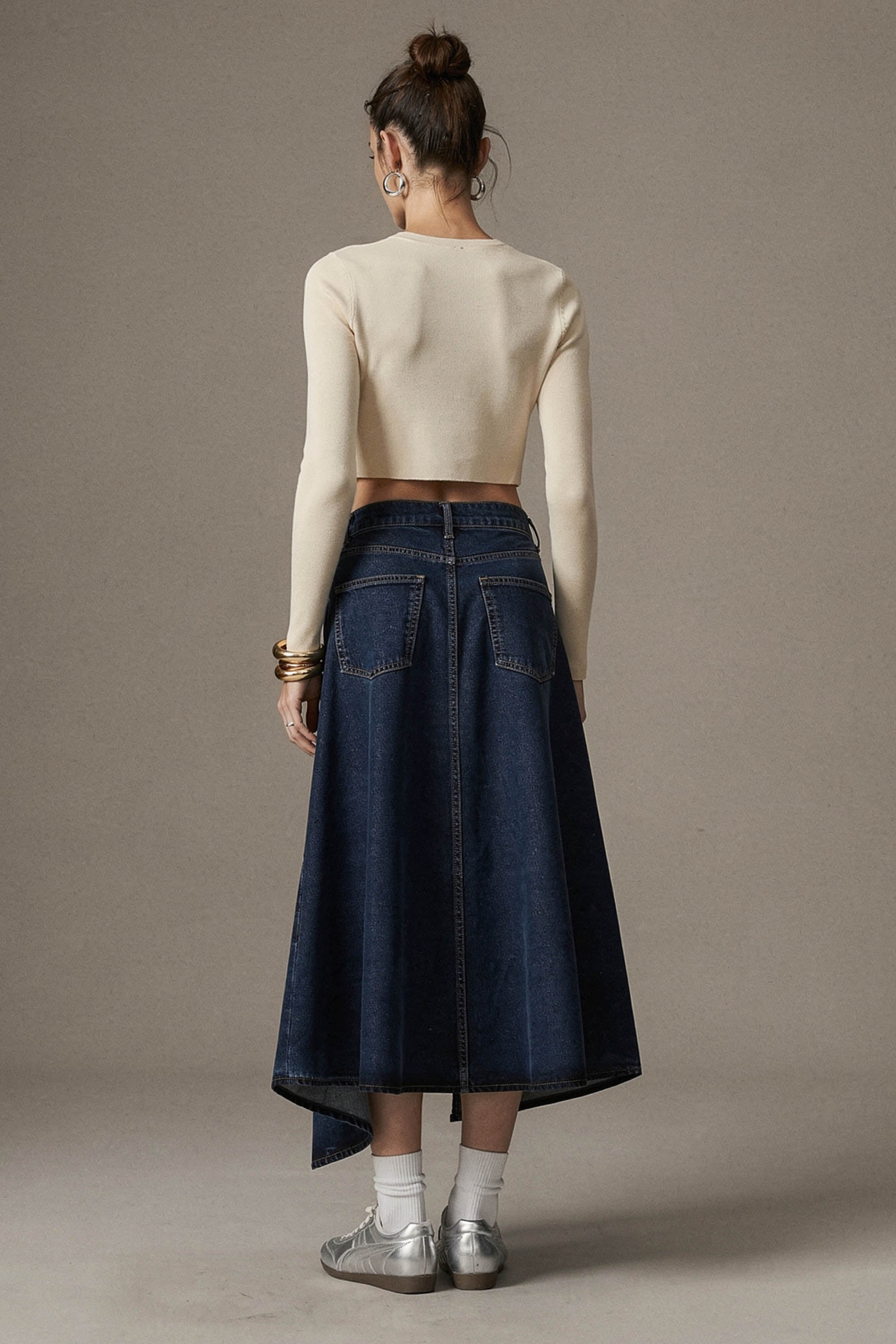Denim Maxi Skirt with High Slit - Dark Indigo