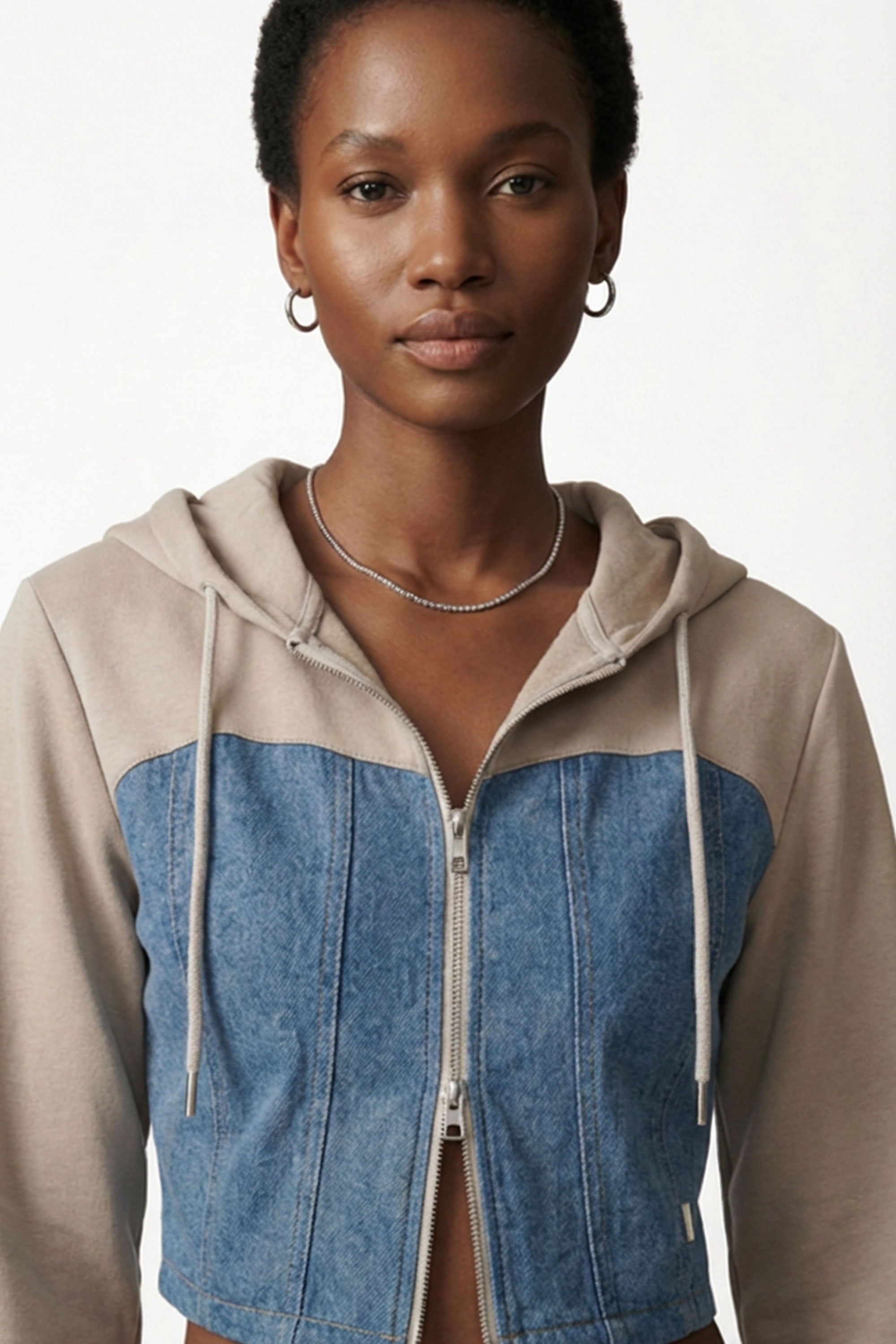 Denim Detail Cotton Tracksuit Set with Two-Way Zipper –  Light Beige