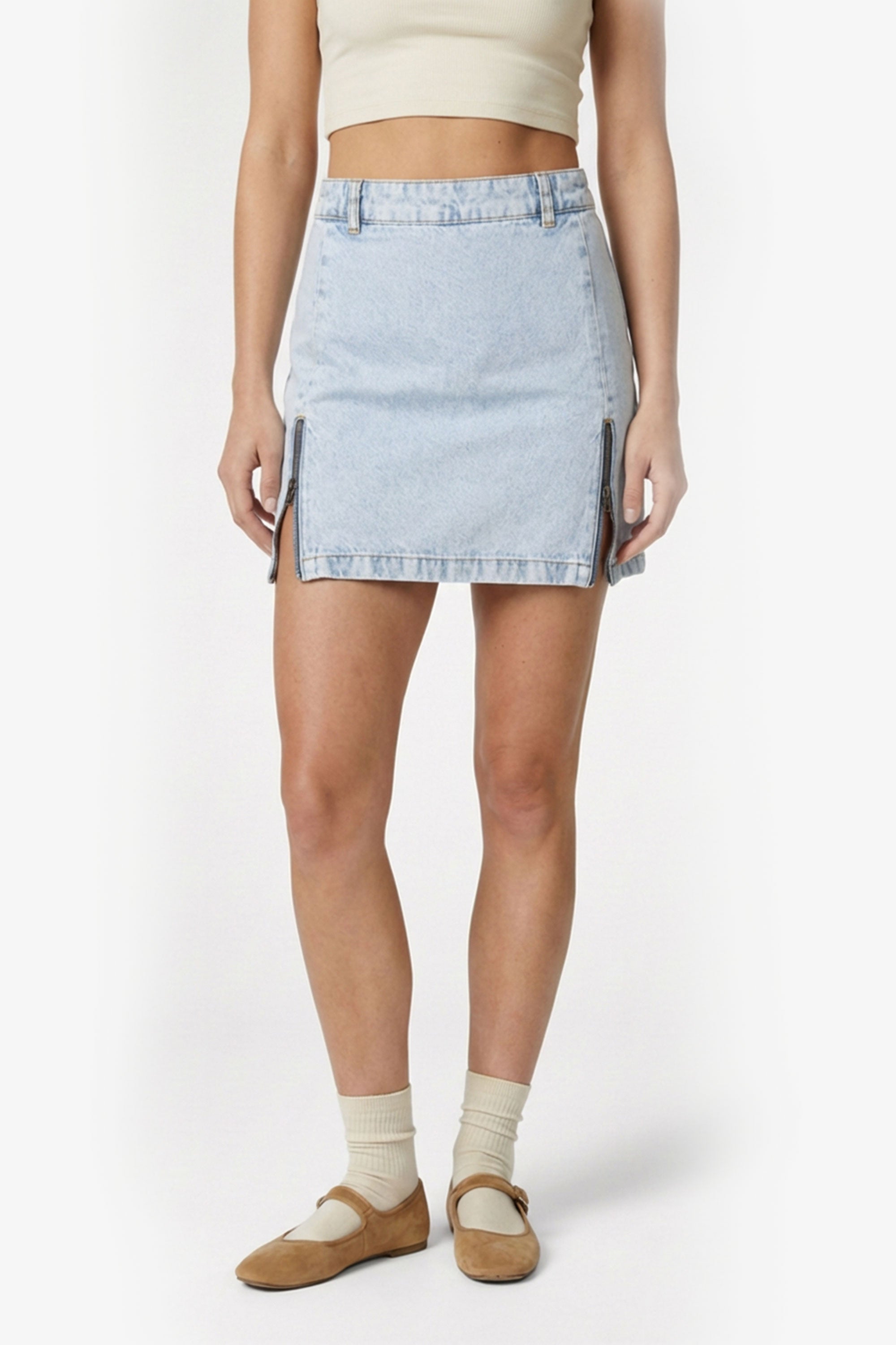 Denim Mini Skirt with Zipper Detail - Light Blue