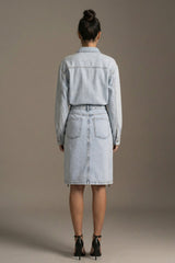 Denim Pencil Skirt with Front Slit - Light Blue