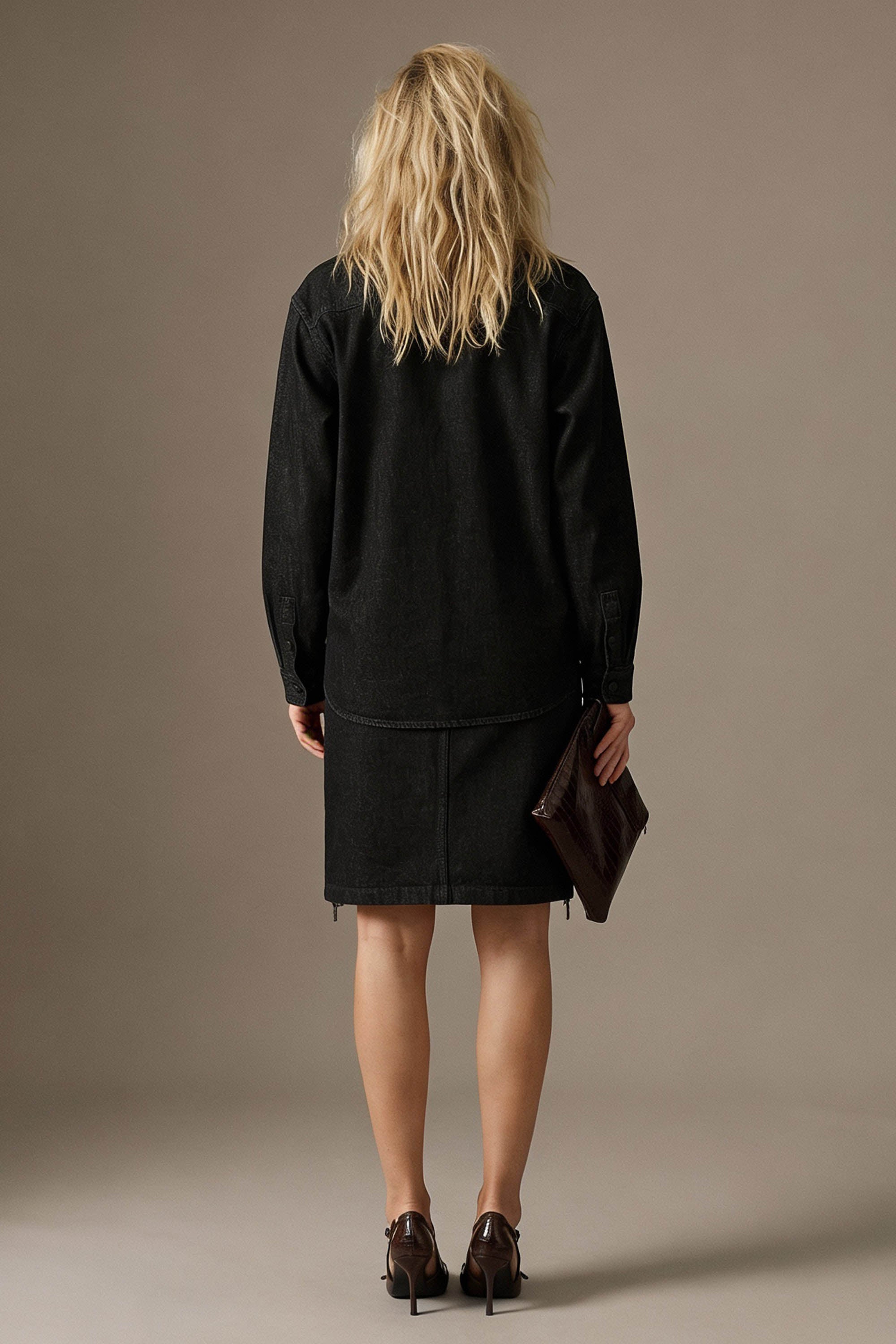 Denim Pencil Skirt with Front Slit - Black