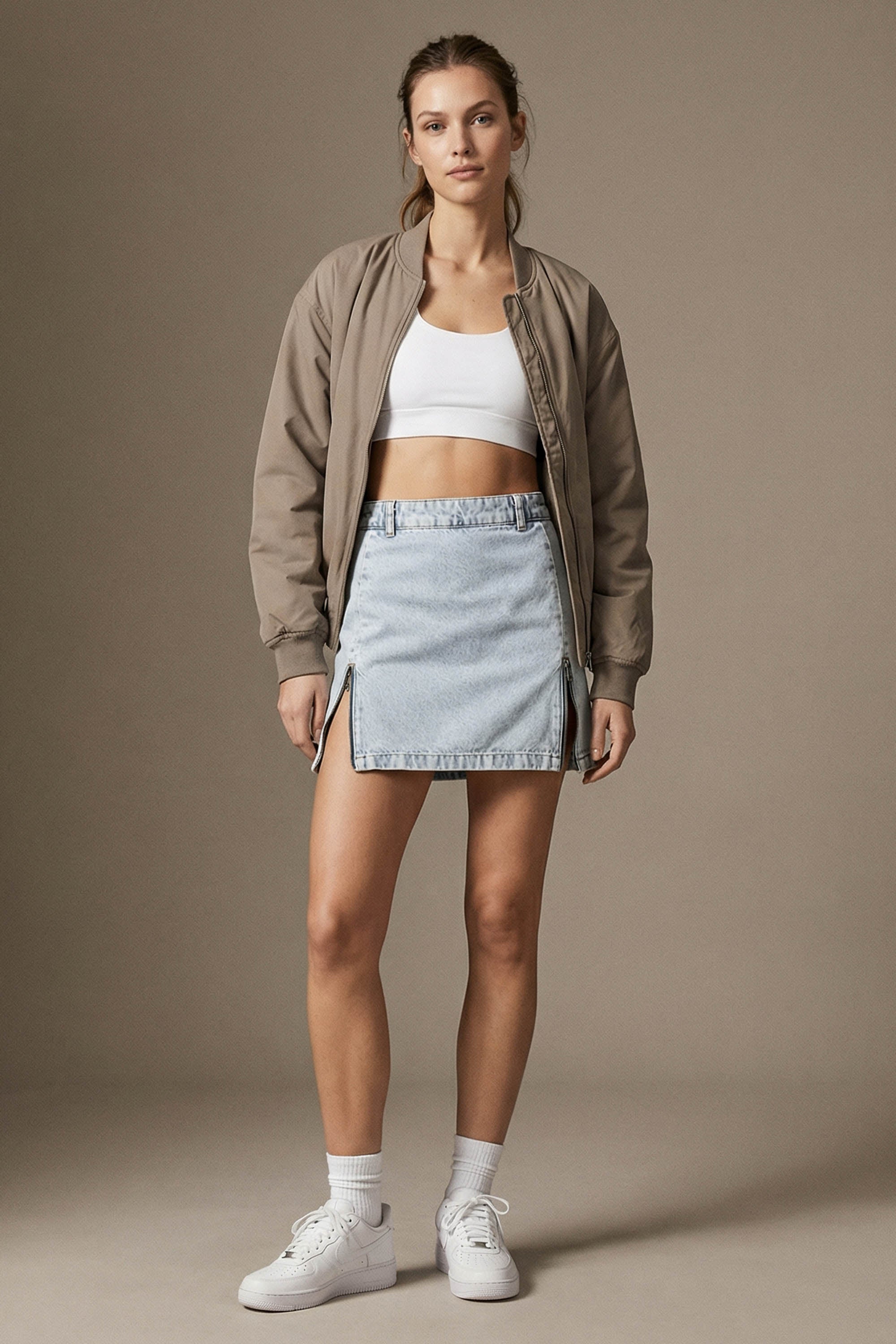 Denim Mini Skirt with Zipper Detail - Light Blue