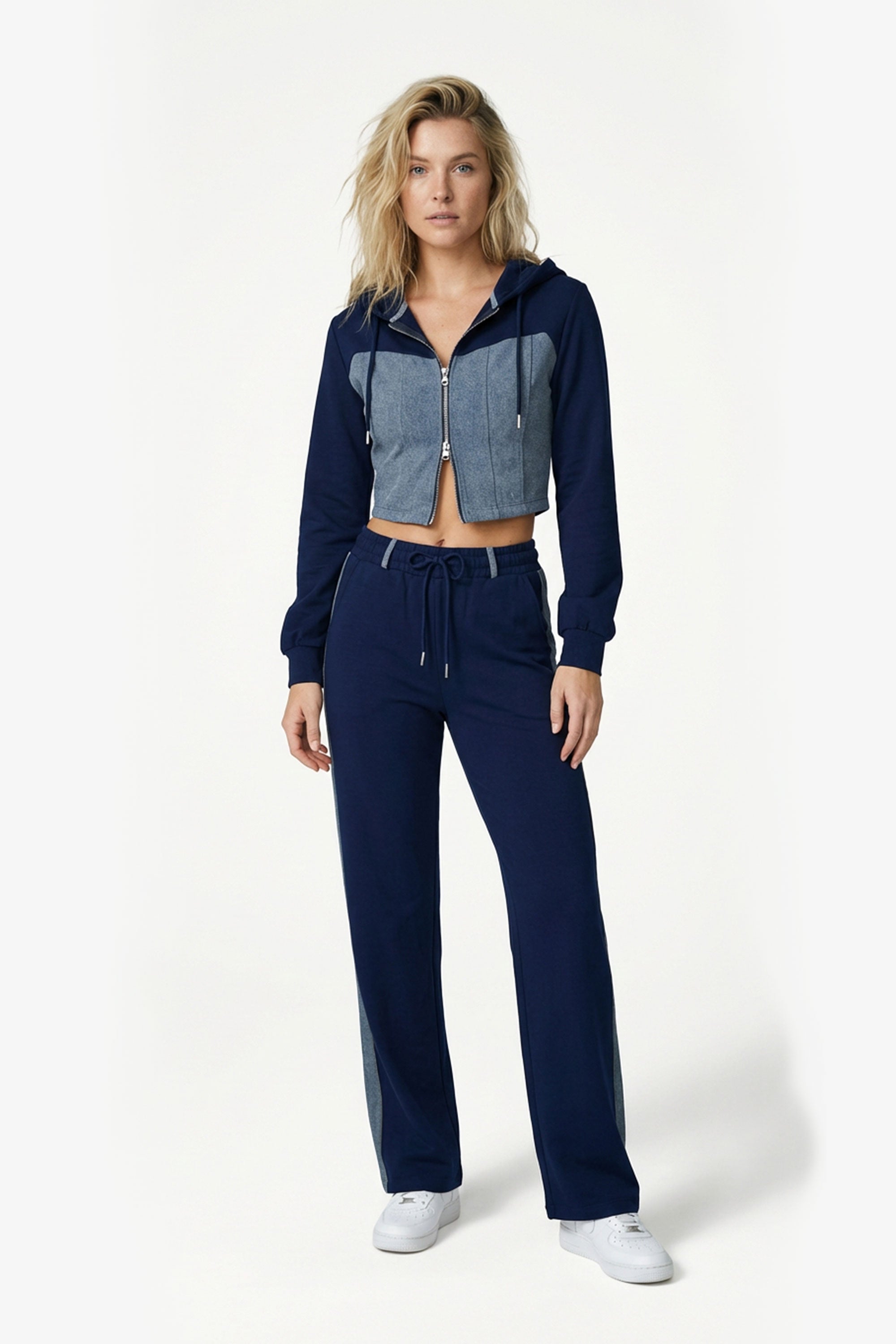 Denim Detail Cotton Tracksuit Set with Two-Way Zipper –  Blue