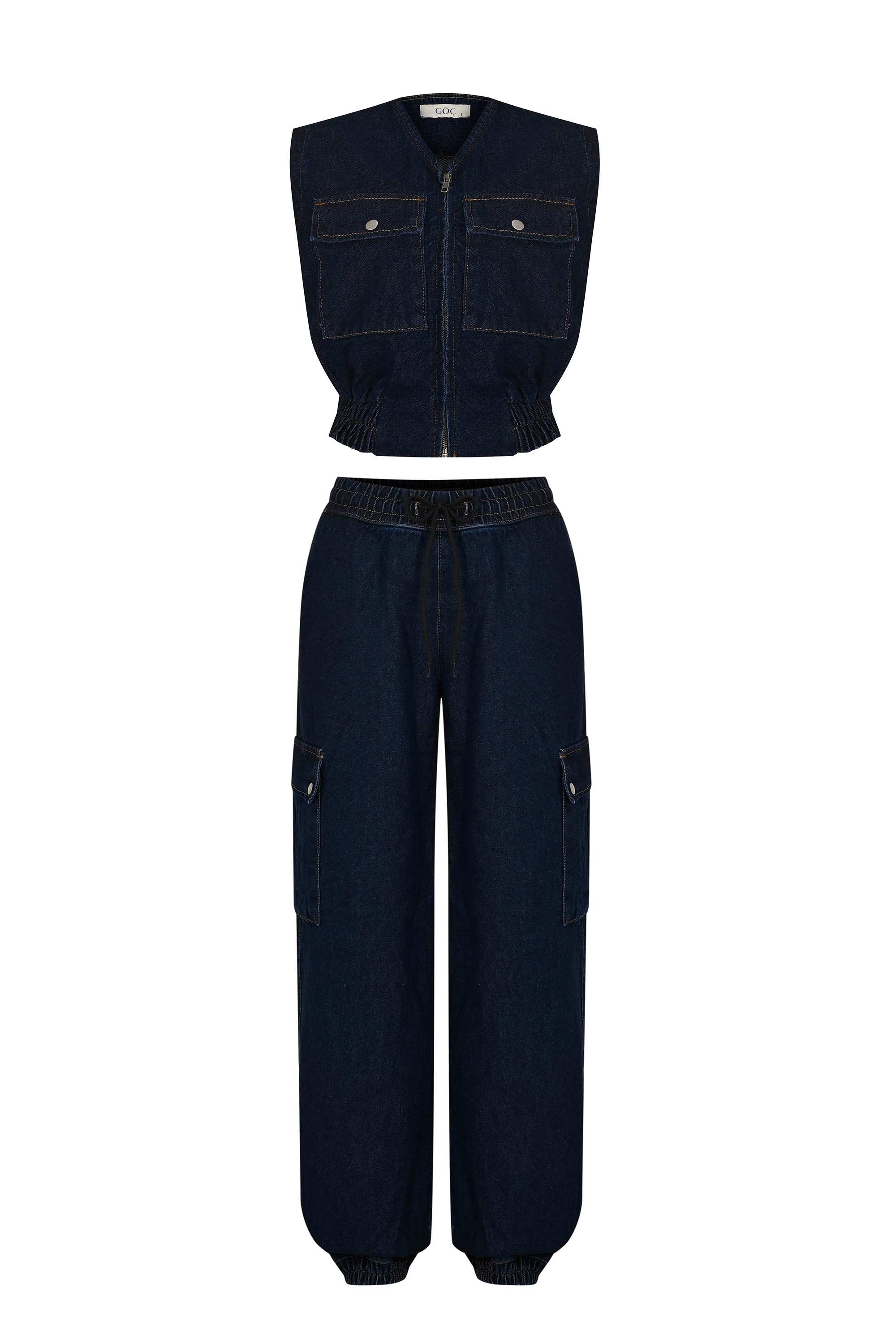 Denim Cargo Set with Cropped Vest