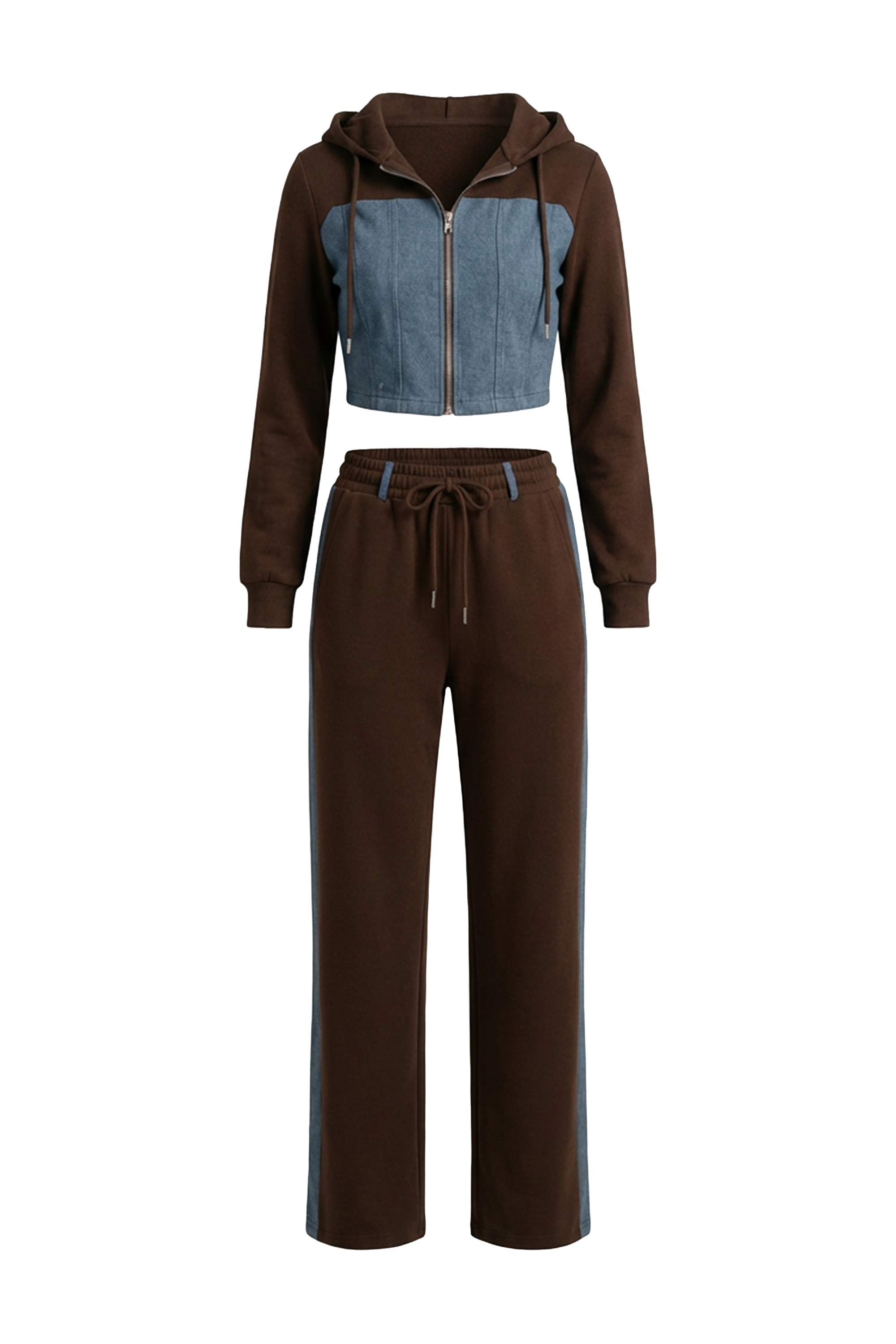 Denim Detail Cotton Tracksuit Set with Two Way Zipper –  Brown