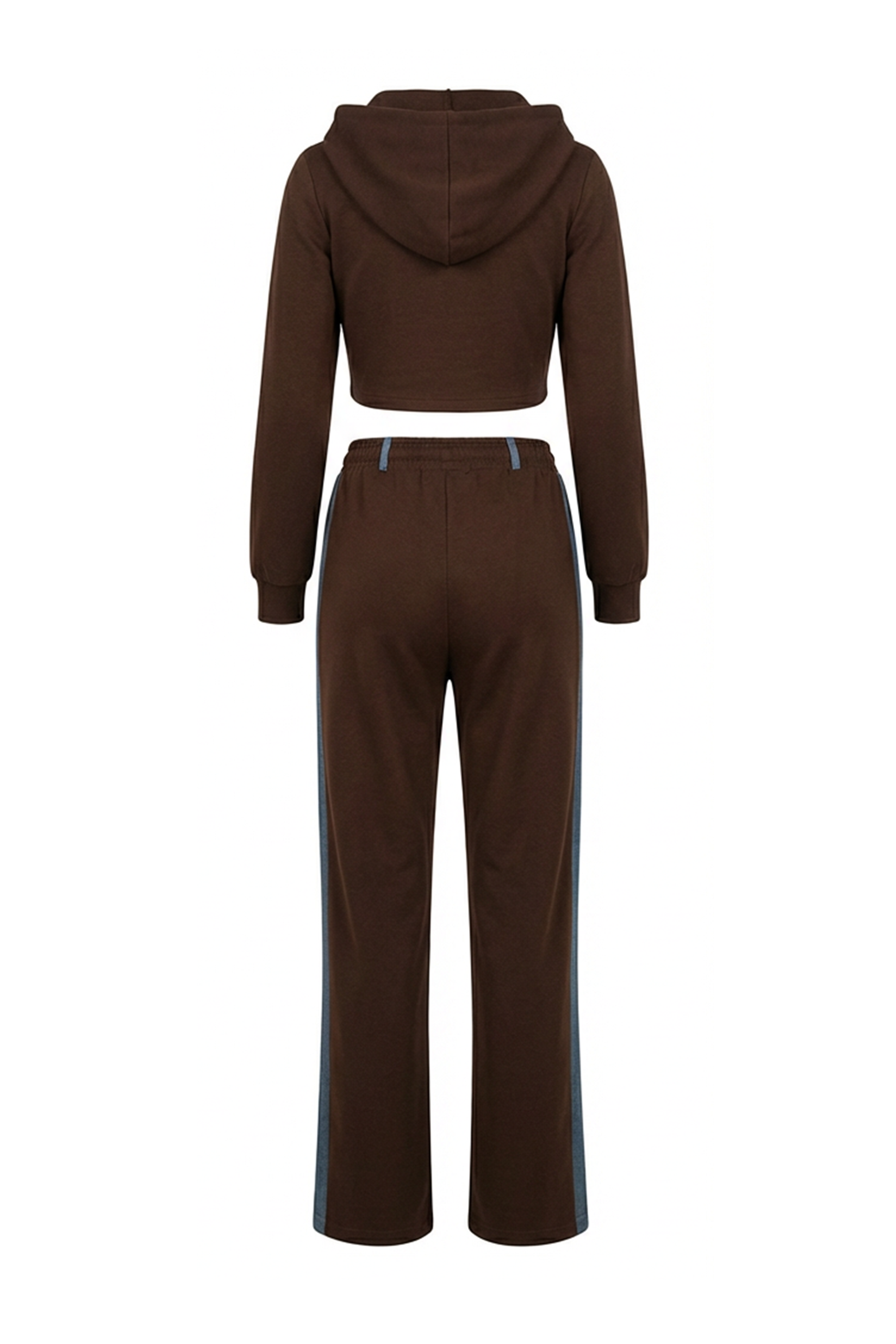Denim Detail Cotton Tracksuit Set with Two Way Zipper –  Brown