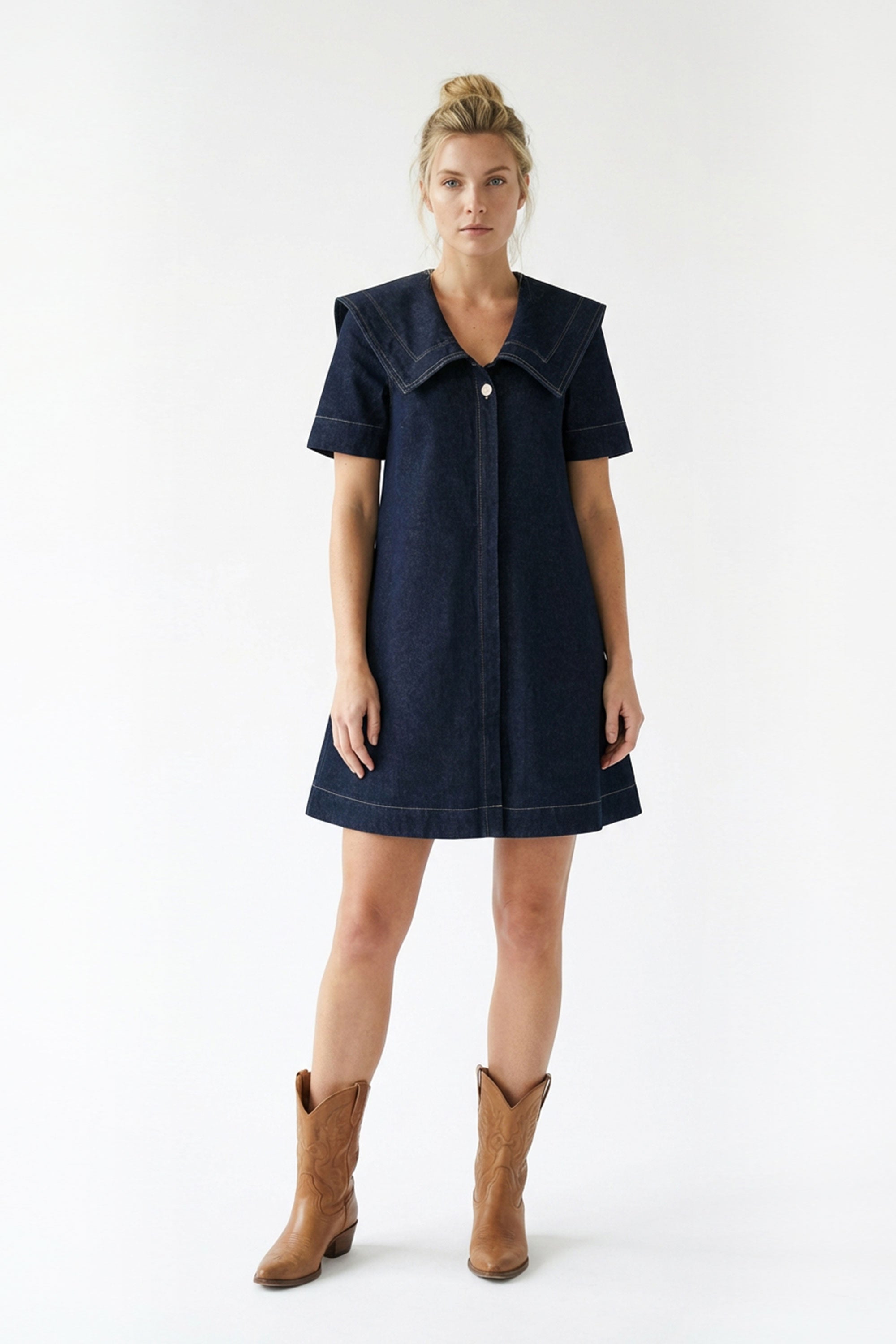 Denim Mini Dress with Oversized Collar