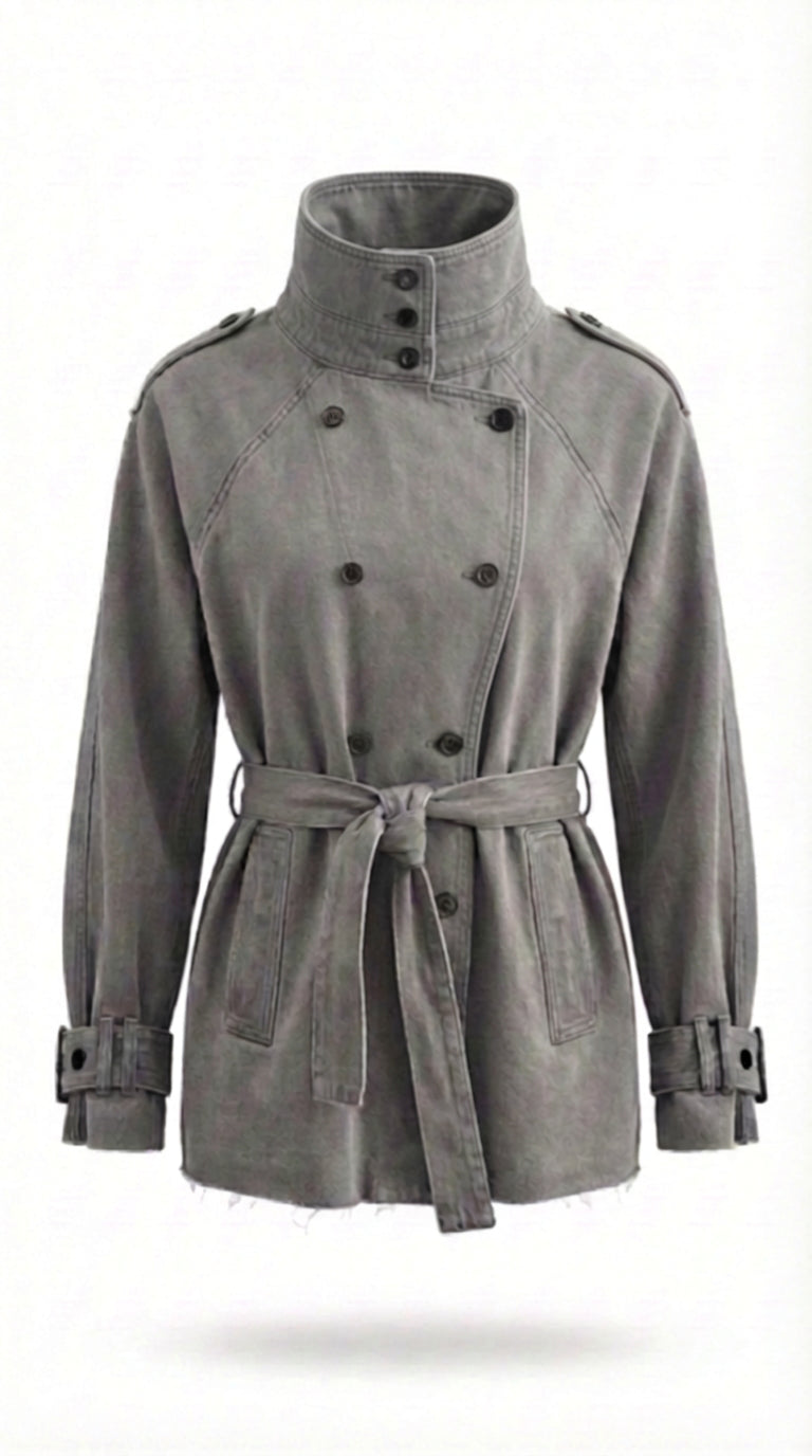 Denim Belted Short Trench Jacket - Gray