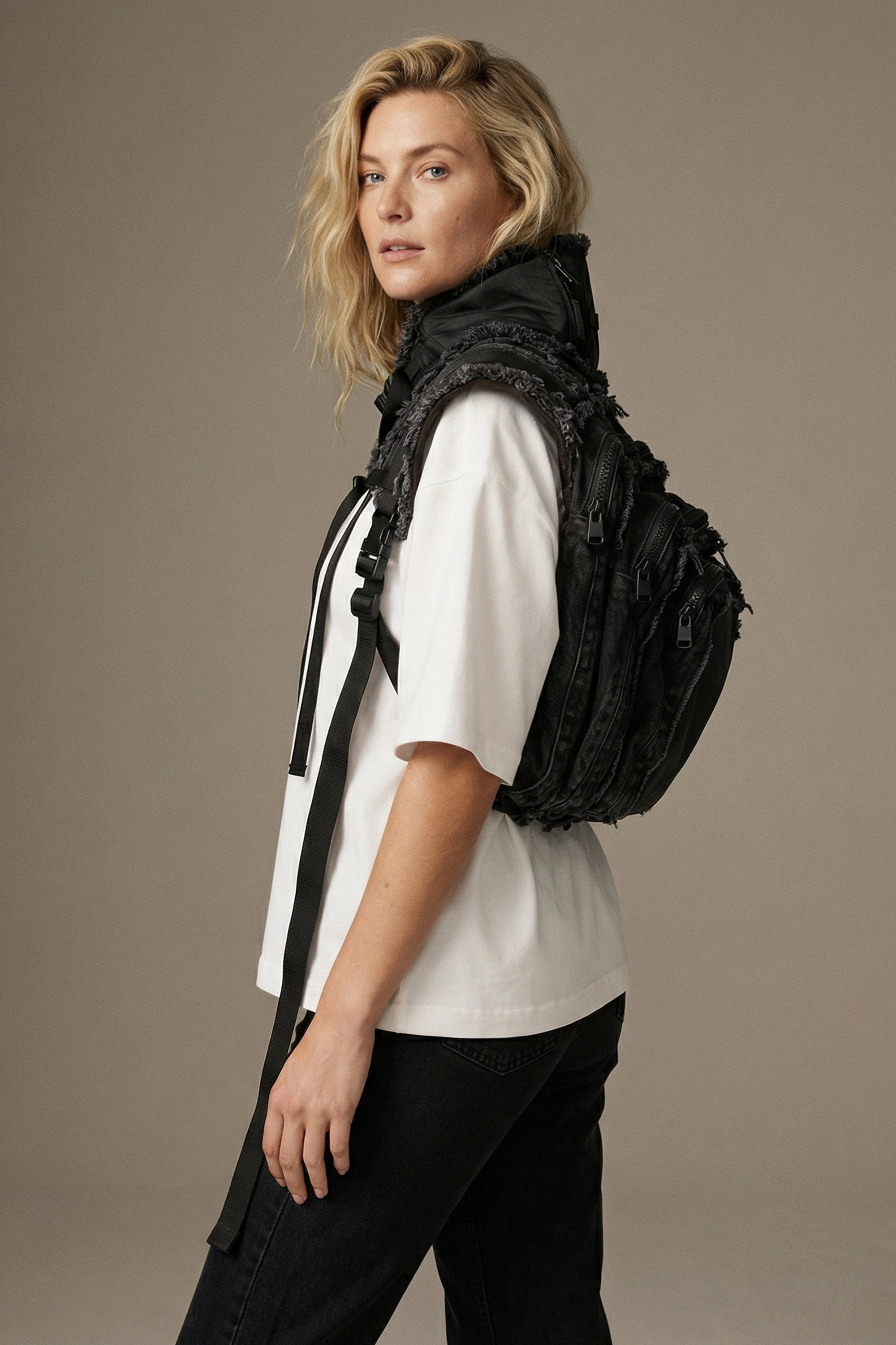 Denim Vest with Integrated Backpack