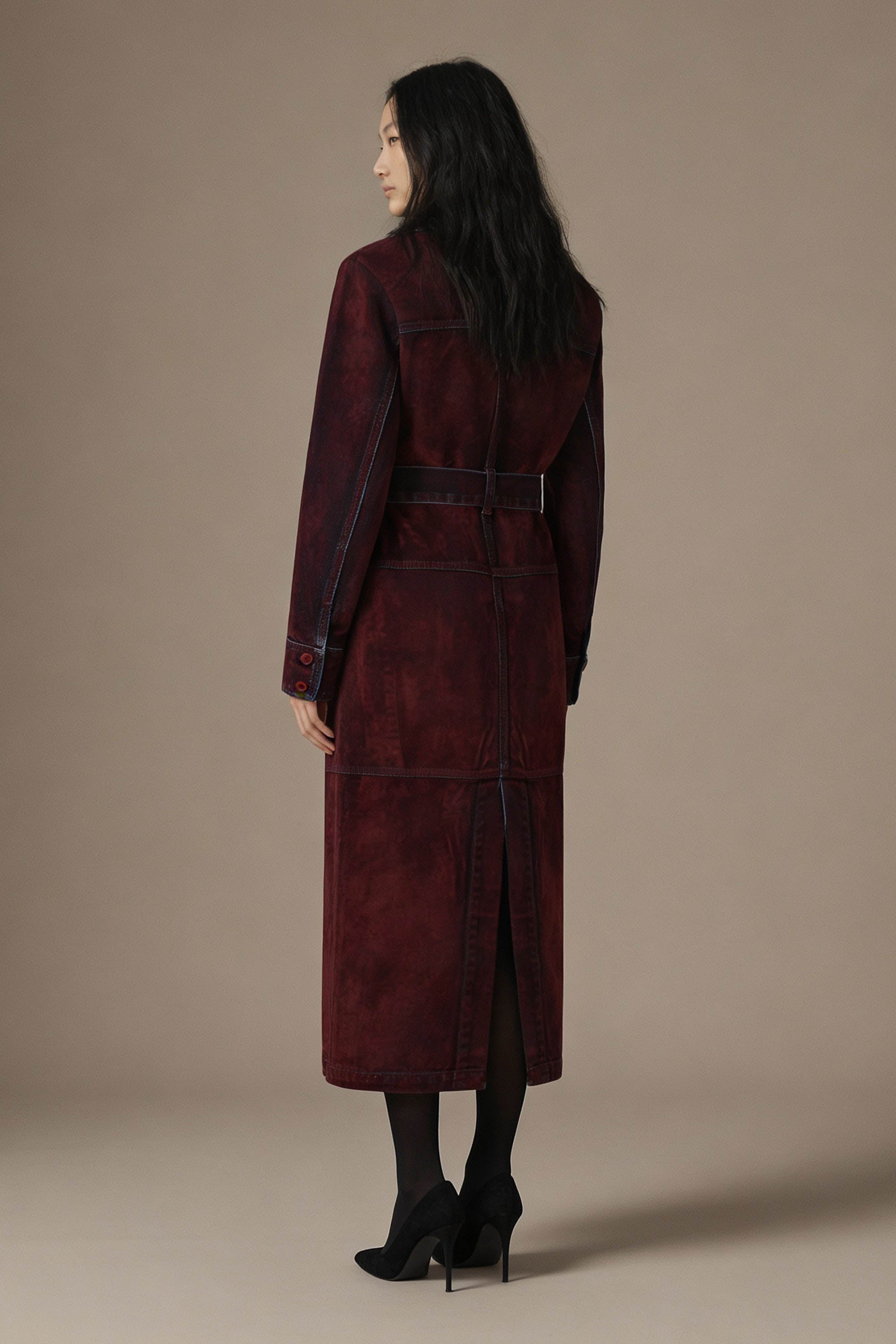 Flocked Denim Trench Coat - Red