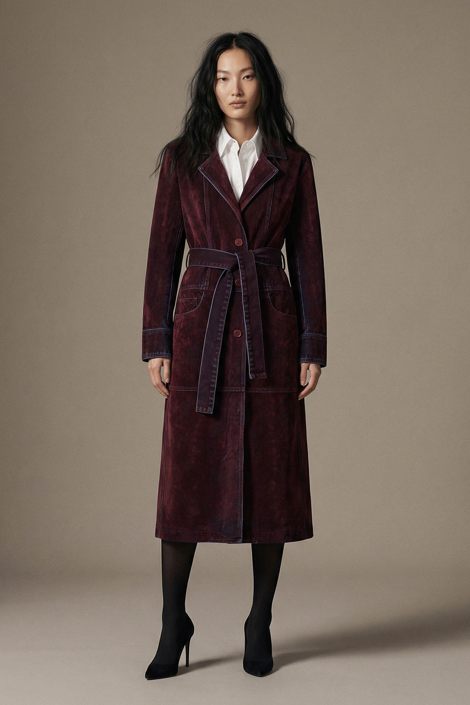 Flocked Denim Trench Coat - Red