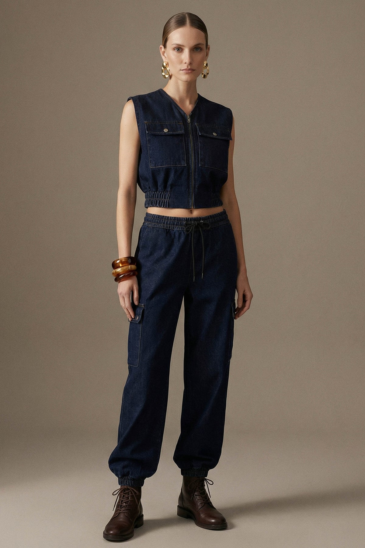 Denim Cargo Set with Cropped Vest