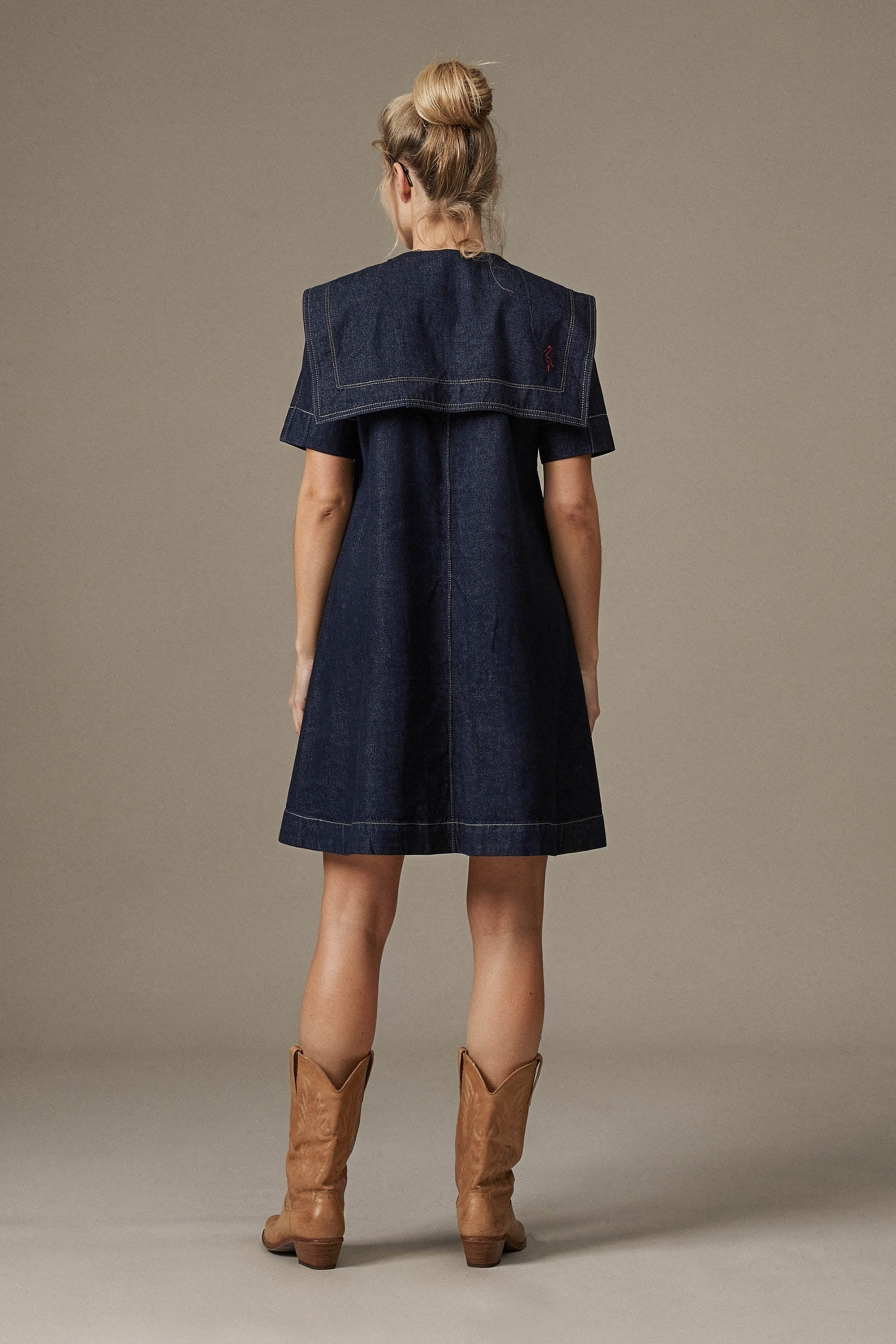 Denim Mini Dress with Oversized Collar