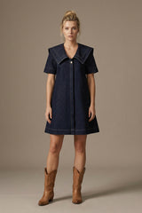 Denim Mini Dress with Oversized Collar