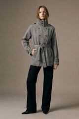 Denim Belted Short Trench Jacket - Gray