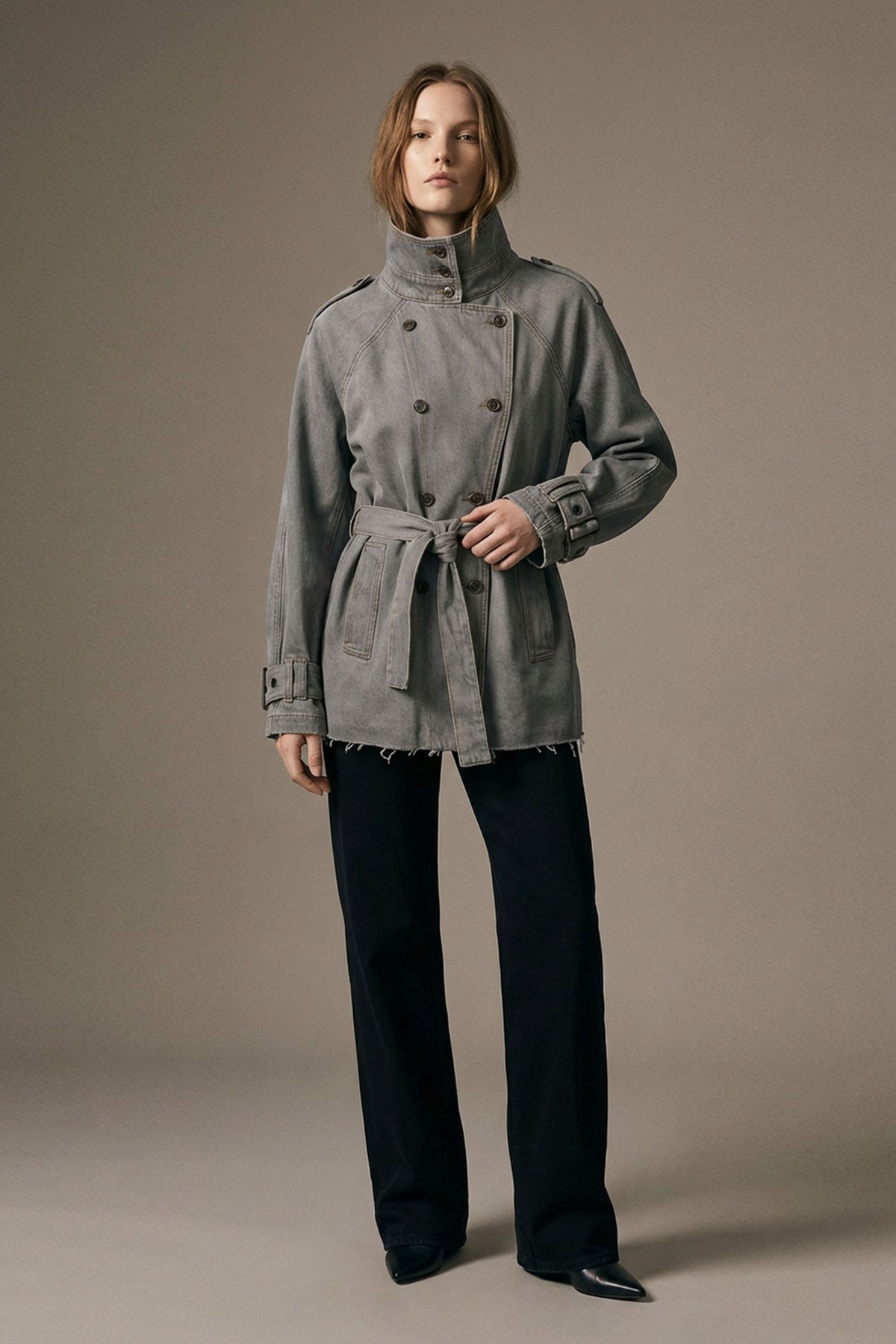 Denim Belted Short Trench Jacket - Gray