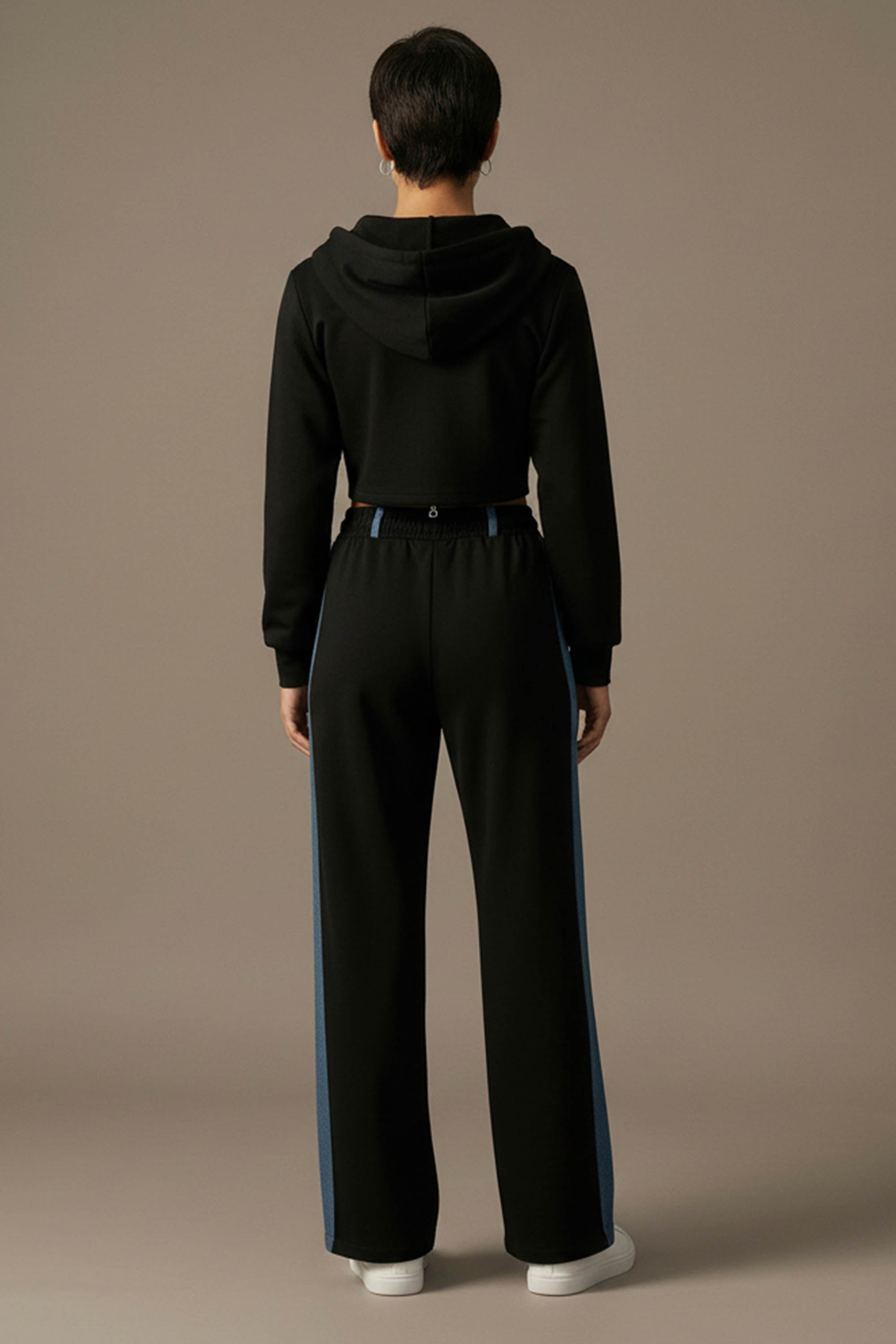 Denim Detail Cotton Tracksuit Set with Two-Way Zipper –  Black