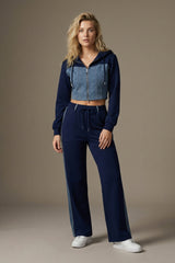 Denim Detail Cotton Tracksuit Set with Two-Way Zipper –  Blue