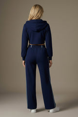 Denim Detail Cotton Tracksuit Set with Two-Way Zipper –  Blue