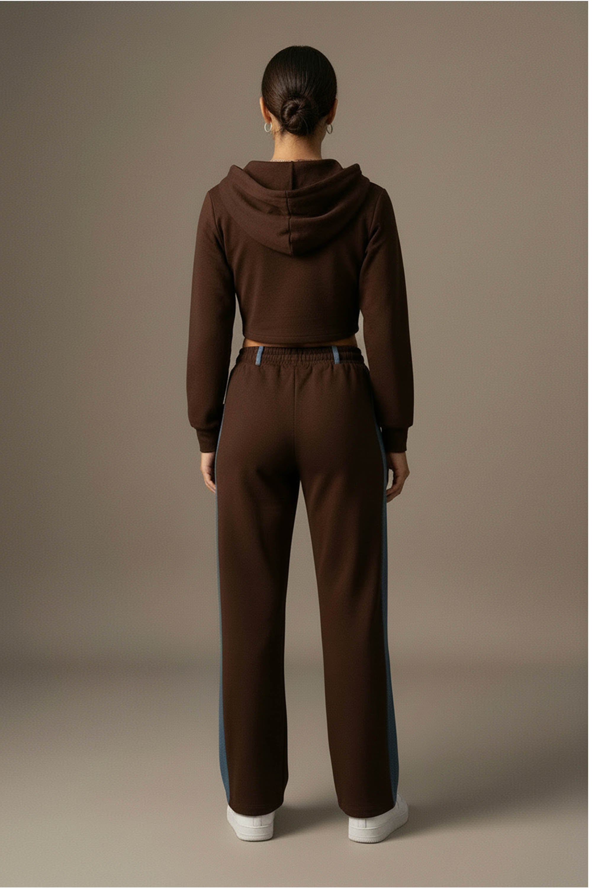 Denim Detail Cotton Tracksuit Set with Two-Way Zipper –  Brown