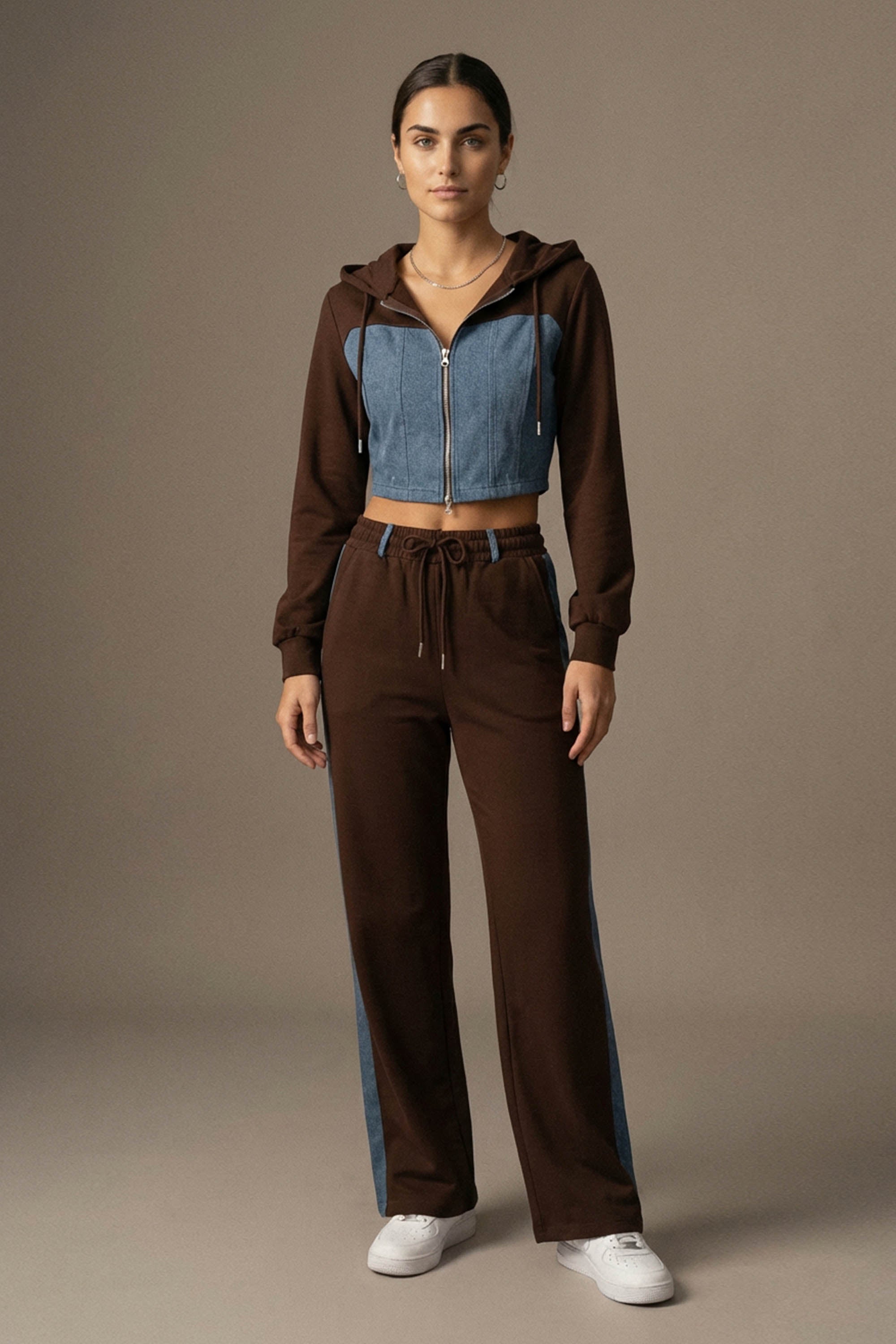 Denim Detail Cotton Tracksuit Set with Two-Way Zipper –  Brown