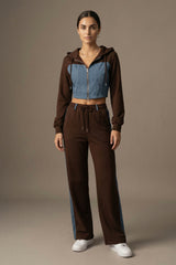 Denim Detail Cotton Tracksuit Set with Two-Way Zipper –  Brown