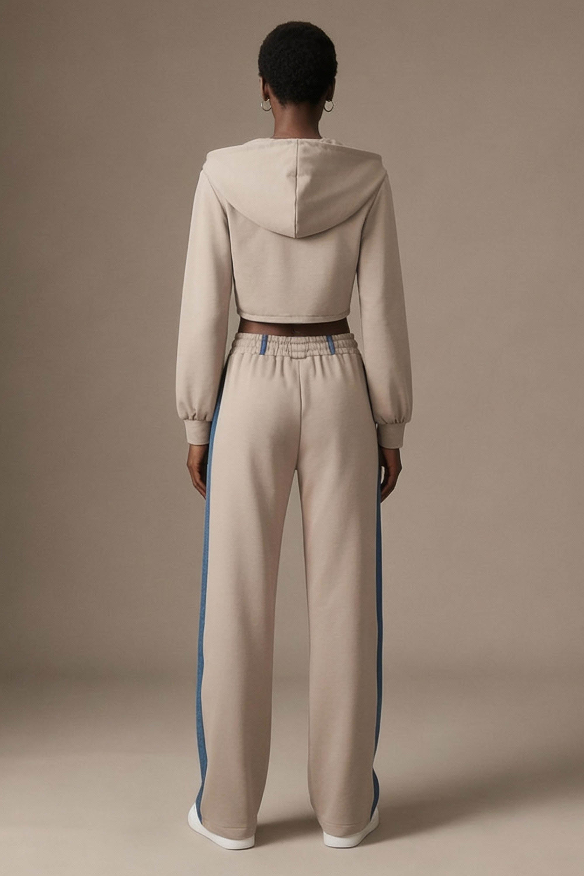 Denim Detail Cotton Tracksuit Set with Two-Way Zipper –  Light Beige