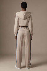 Denim Detail Cotton Tracksuit Set with Two-Way Zipper –  Light Beige