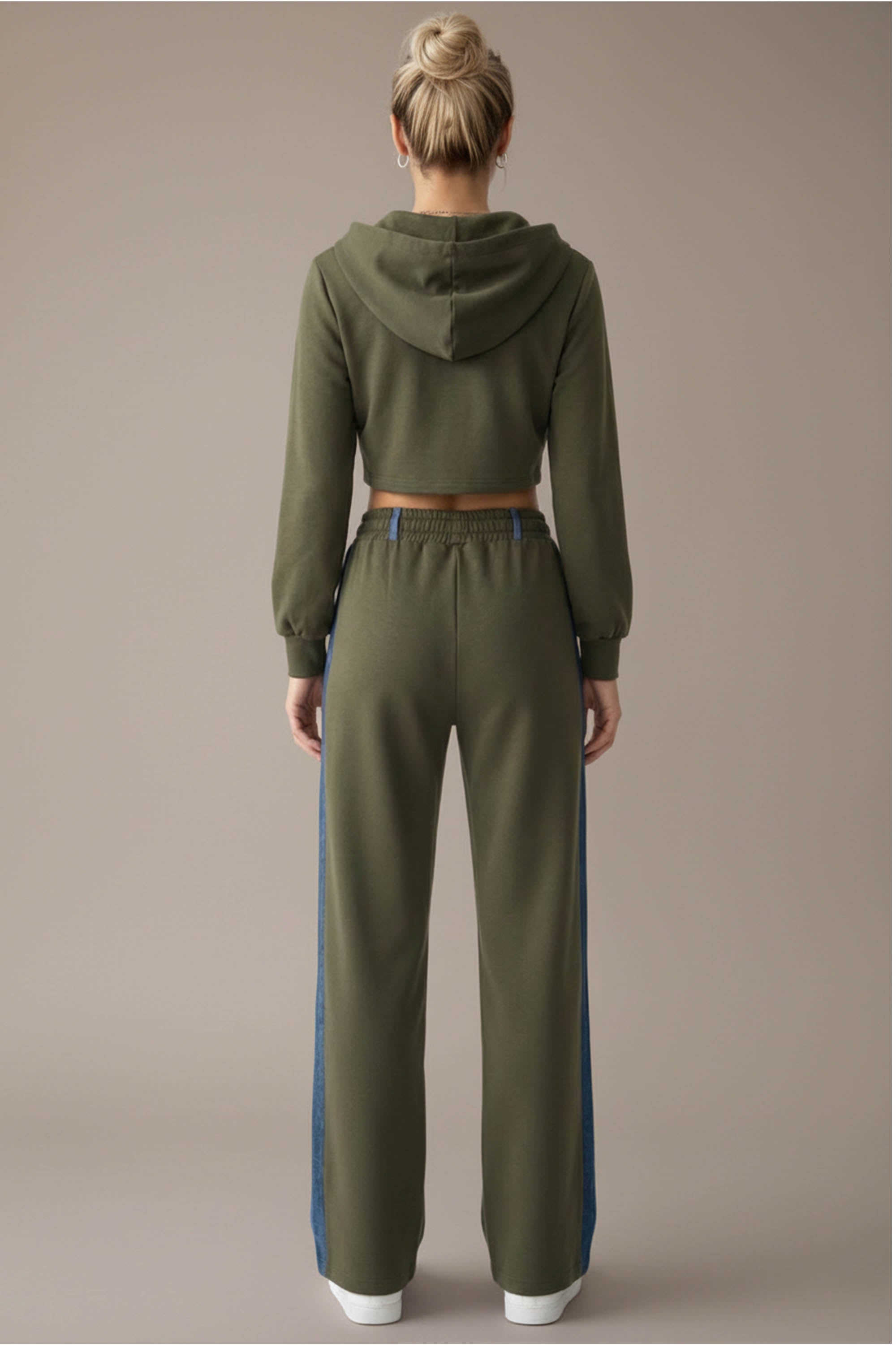 Denim Detail Cotton Tracksuit Set with Two-Way Zipper –  Olive