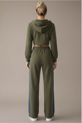 Denim Detail Cotton Tracksuit Set with Two-Way Zipper –  Olive